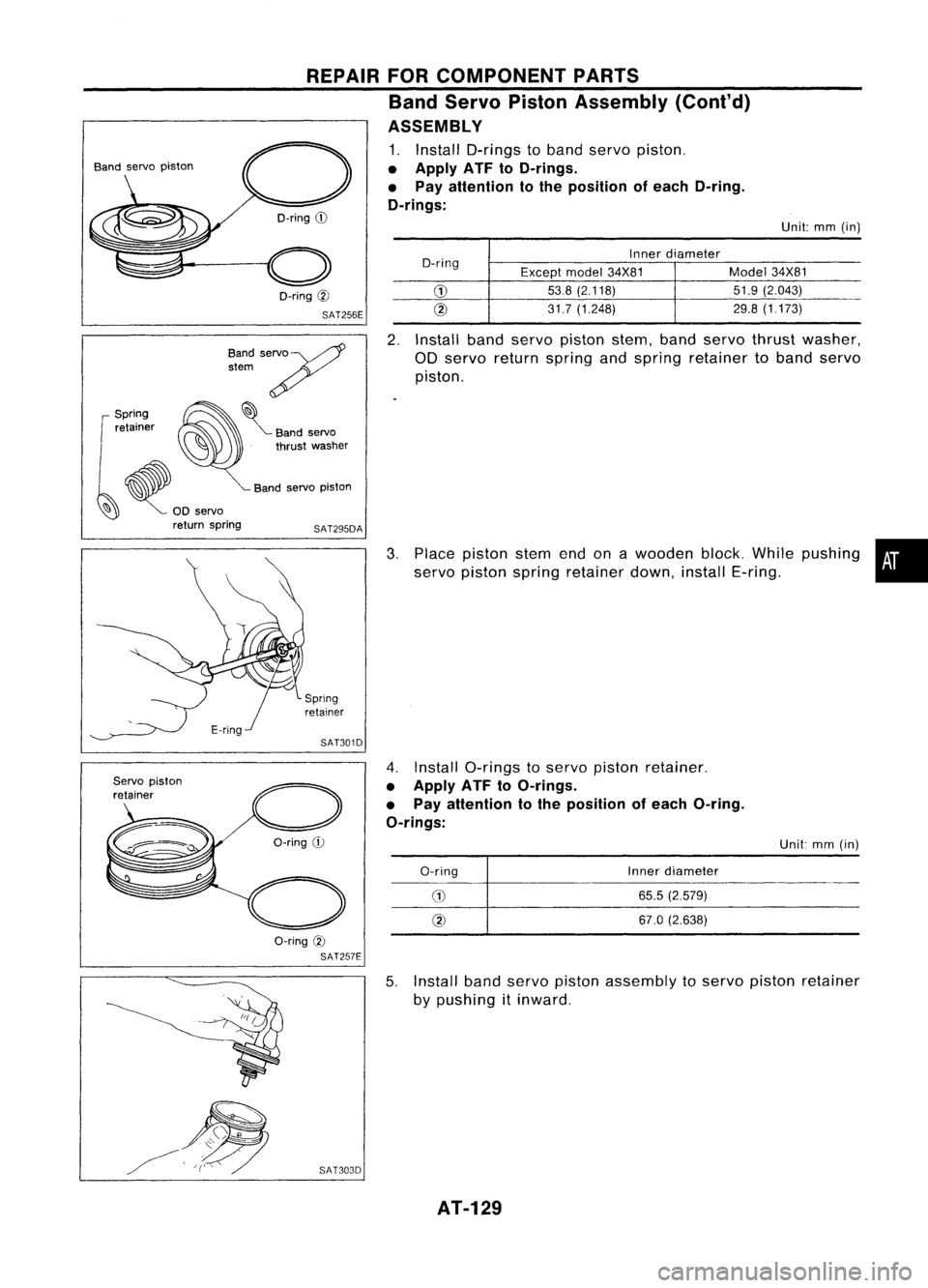 NISSAN ALMERA N15 1995 Service Manual Unit:mm(in)
Inner diameter
O-ring Exceptmodel34X81 Model
34X81
G)
53.8
(2.118) 51.9(2.043)
@
31.7(1.248) 29.8
(1.173)
REPAIR
FORCOMPONENT PARTS
Band Servo Piston Assembly (Cont'd)
ASSEMBLY
1. NISSAN ALMERA N15 1995 Service Manual Unit:mm(in)
Inner diameter
O-ring Exceptmodel34X81 Model
34X81
G)
53.8
(2.118) 51.9(2.043)
@
31.7(1.248) 29.8
(1.173)
REPAIR
FORCOMPONENT PARTS
Band Servo Piston Assembly (Cont'd)
ASSEMBLY
1.