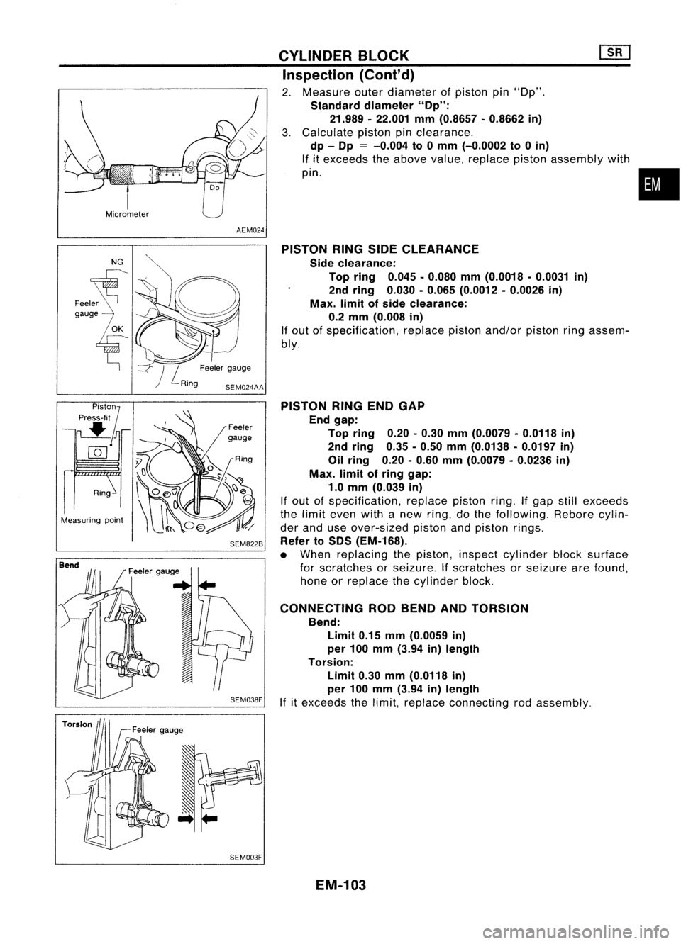 NISSAN ALMERA N15 1995  Service Manual 
Micrometer 
AEM024
NG
F •• ~K

gauge

OK

~- 
Feelergauge

SEM024AA

P;""A

pre.it
Feeler

~ 
gauge
Ring
Measuring point

SEM822B
Bend
SEM003FCYLINDER
BLOCK [][]
Inspection (Cont'd)

