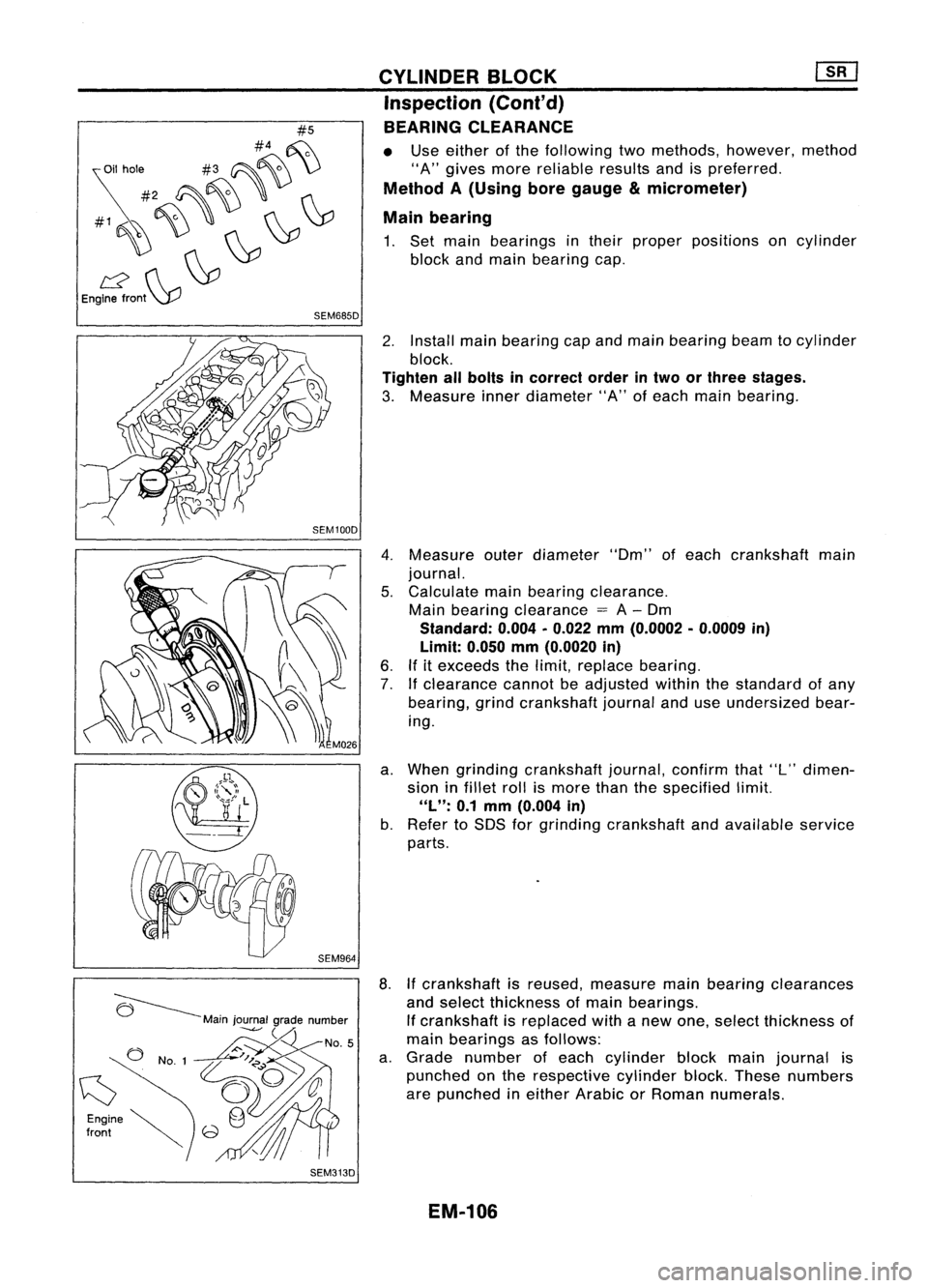 NISSAN ALMERA N15 1995  Service Manual 
#5

#4 ~

~i1 
hole #3~~ \)

#2 ~~,
#1~~~ ~~

12 ~~
Engine front~

SEM685D
SEM964
SEM313D CYLINDER
BLOCK
Inspection (Cont'd)
BEARING CLEARANCE

• Use either ofthe following twomethods, however,