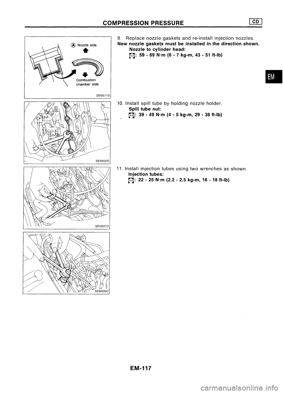 NISSAN ALMERA N15 1995  Service Manual 
@
Nozzle side

..

Combustion
chamber sideCOMPRESSION
PRESSURE

9. Replace nozzlegaskets andre-install injectionnozzles.

New nozzle gaskets mustbeinstalled inthe direction shown.
Nozzle tocylinder h