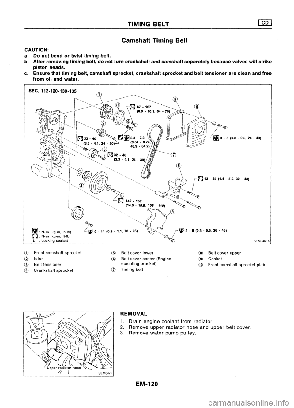 NISSAN ALMERA N15 1995  Service Manual TIMINGBELT
Camshaft TimingBelt
CAUTION:
a. Donot bend ortwist timing belt.
b. After removing timingbelt,donot turn crankshaft andcamshaft separately becausevalveswillstrike
piston heads.
c. Ensure tha