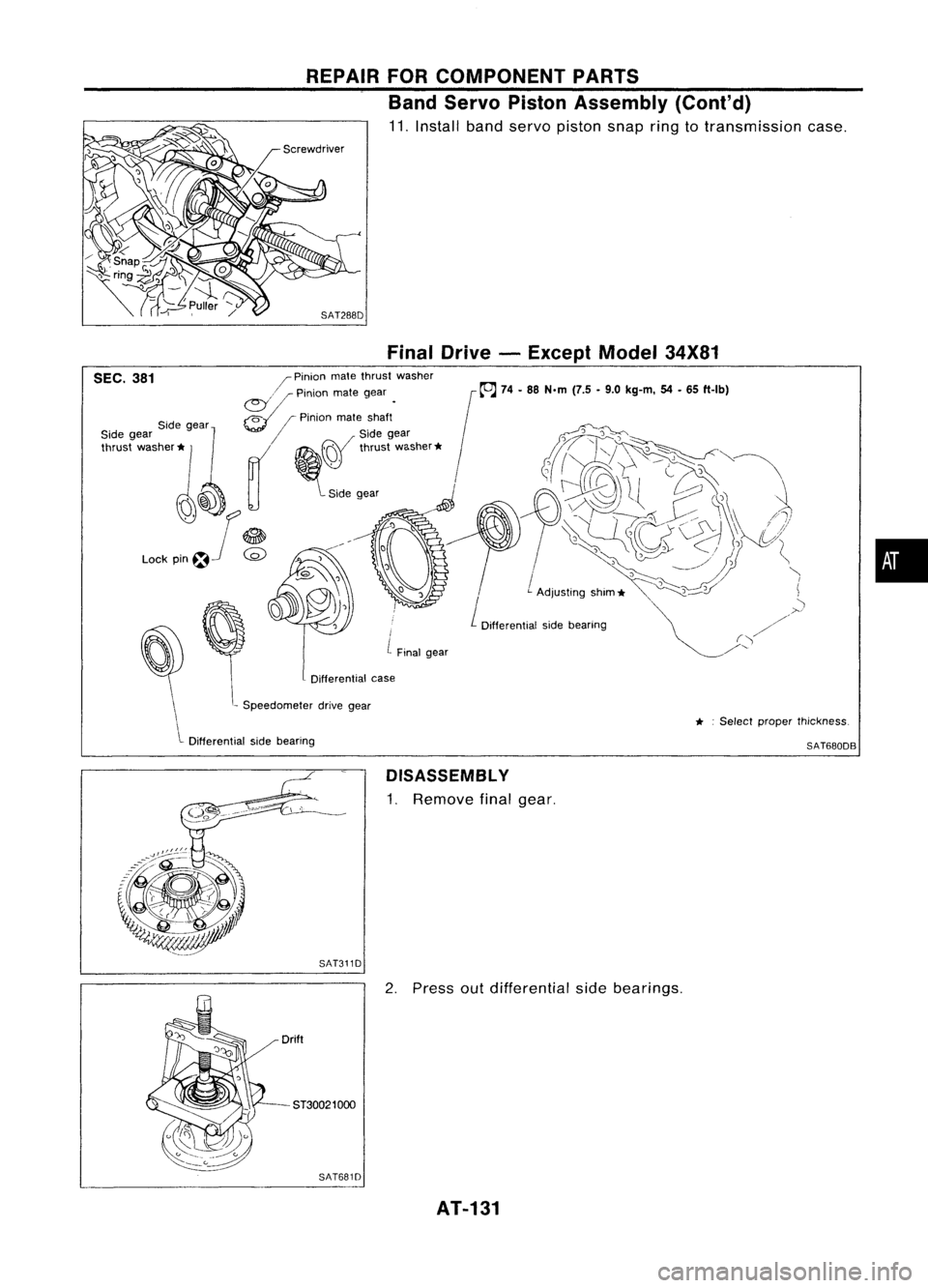 NISSAN ALMERA N15 1995  Service Manual REPAIRFORCOMPONENT PARTS
Band Servo Piston Assembly (Cont'd)

11. Install bandservo piston snapringtotransmission case.

SAT288D FinalDrive -Except Model34X81

I

L 
Final gear

SEC.
381

OJ 
\ Di