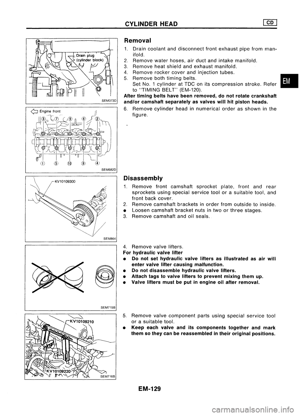 NISSAN ALMERA N15 1995  Service Manual SEM373D
SEM682D SEM864 
CYLINDER
HEAD

Removal

1. Drain coolant anddisconnect frontexhaust pipefrom man-
ifold.

2. Remove 
waterhoses, airduct andintake manifold.

3. Remove 
heatshield andexhaust m