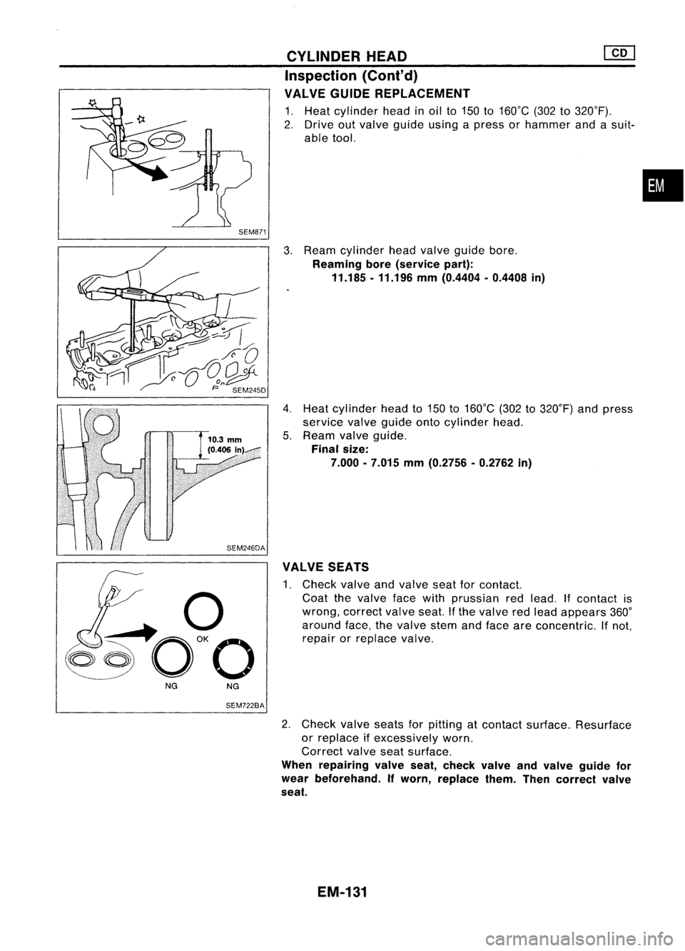 NISSAN ALMERA N15 1995  Service Manual 
NGNG

SEM722BA CYLINDER
HEAD 
[]Q]

Inspection (Cont'd)
VALVE GUIDEREPLACEMENT

1. Heat cylinder headinoil to150 to160°C (302to320°F).
2. Drive outvalve guide usingapress orhammer andasuit-
abl