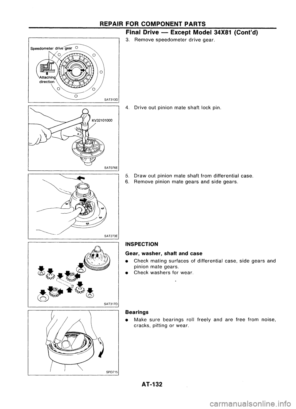 NISSAN ALMERA N15 1995  Service Manual REPAIRFORCOMPONENT PARTS
Final Drive -Except Model34X81(Cont'd)

3. Remove speedometer drivegear.
4. Drive outpinion mateshaft lockpin.

SAT076E 
5.Draw outpinion mateshaftfromdifferential case.
6