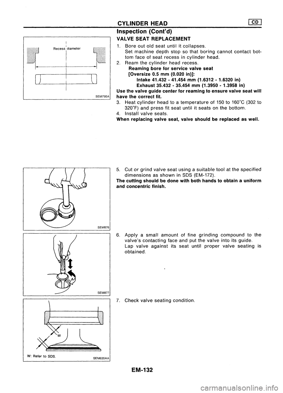 NISSAN ALMERA N15 1995  Service Manual 
I

Recess 
I
diameter

W: Refer toSOS. 
I

SEM795A
SEMB76
SEM877
SEM635AA CYLINDER
HEAD 
[£Q]

Inspection (Cont'd)
VALVE SEATREPLACEMENT

1. Bore outoldseat untilitcollapses.
Set machine depthst