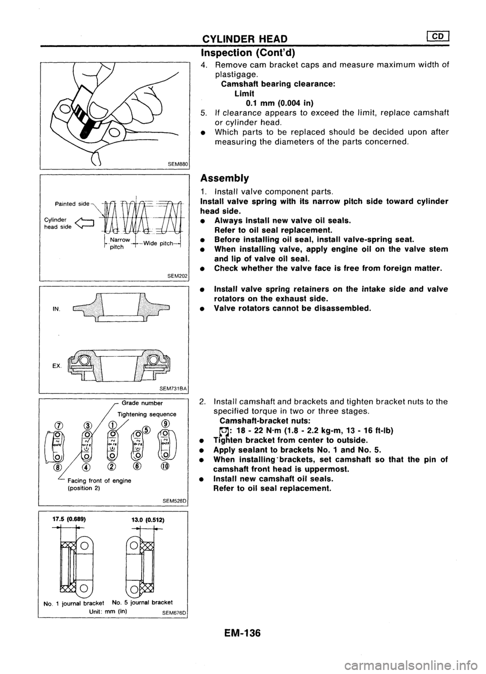 NISSAN ALMERA N15 1995  Service Manual SEM202
SEM731BA

Grade number
Tightening sequence

r
1
@@
~.~.~

o 
,..0 
W

@ 
@ @
Facing frontofengine
(position 2)

SEM528DCYLINDER
HEAD 
[£Q]

Inspection {Cont'd)

4. Remove cambracket capsan