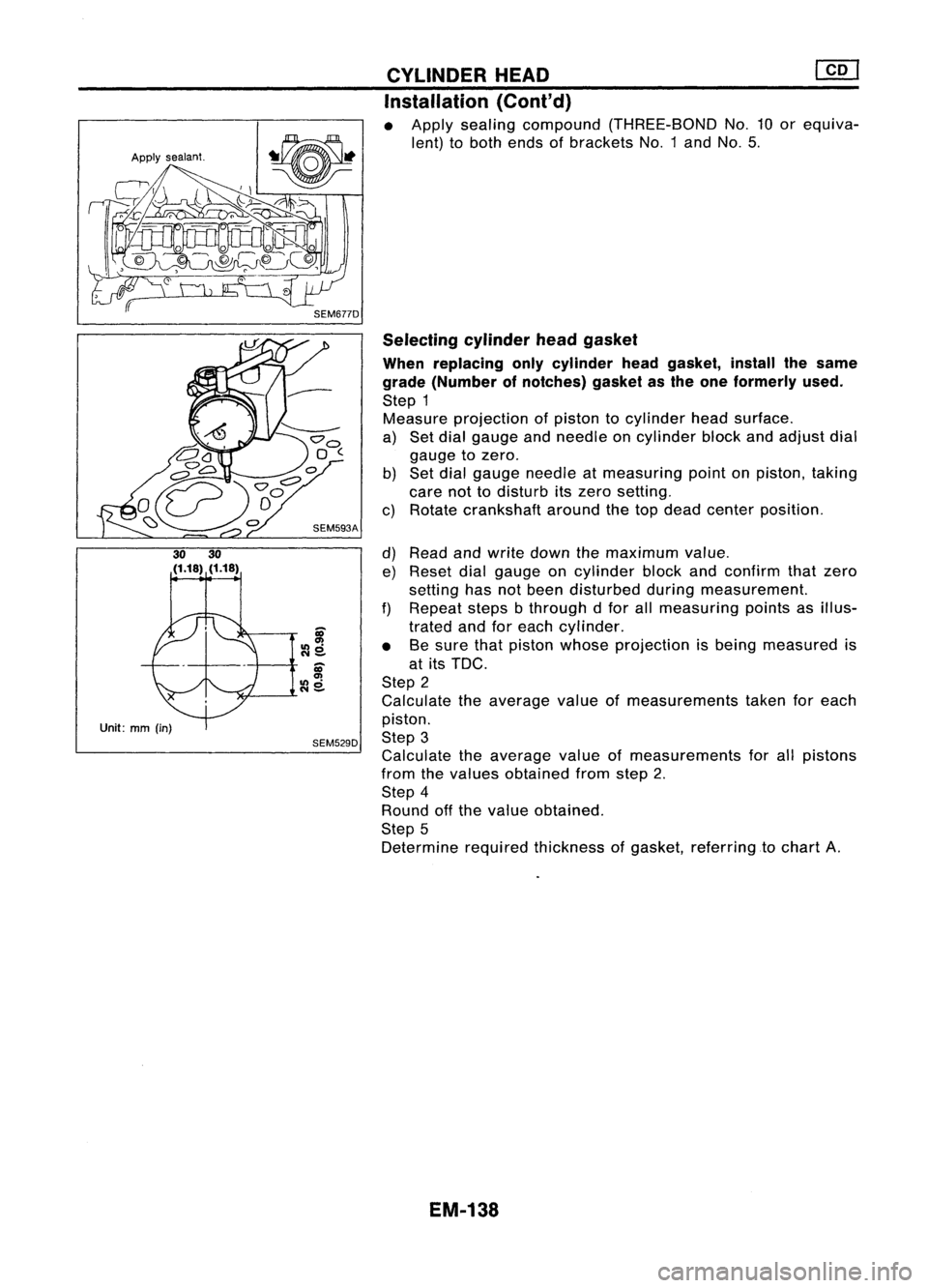NISSAN ALMERA N15 1995  Service Manual 
Unit:mm(in)

SEM529DCYLINDER
HEAD 
@[]

Installation (Cont'd)

• Apply sealing compound (THREE-BOND No.10or equiva-
lent) toboth ends ofbrackets No.1andNo.5.

Selecting cylinderheadgasket
When 