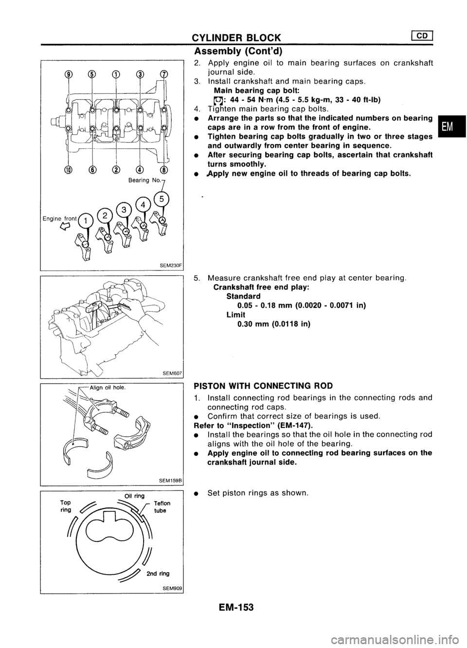 NISSAN ALMERA N15 1995 Service Manual Enginefront1
t;J
SEM230F
~~~:::~"
IJ
~ 2ndring
SEM909 CYLINDER
BLOCK
[ill
Assembly (Cont'd)
2. Apply engine oiltomain bearing surfaces oncrankshaft
journal side.
3. Install crankshaft and NISSAN ALMERA N15 1995 Service Manual Enginefront1
t;J
SEM230F
~~~:::~"
IJ
~ 2ndring
SEM909 CYLINDER
BLOCK
[ill
Assembly (Cont'd)
2. Apply engine oiltomain bearing surfaces oncrankshaft
journal side.
3. Install crankshaft and