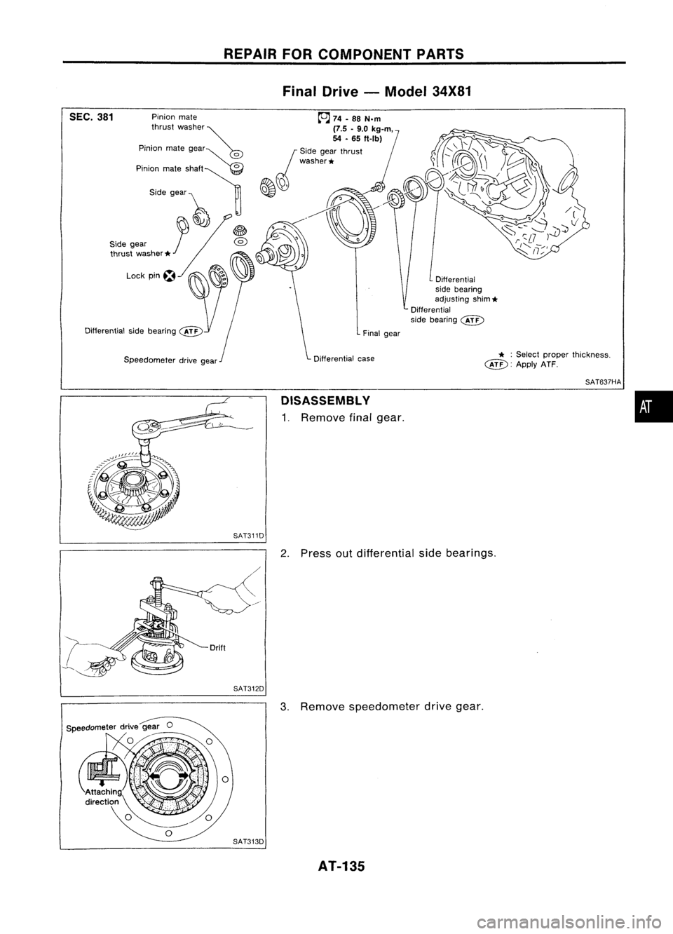 NISSAN ALMERA N15 1995  Service Manual REPAIRFORCOMPONENT PARTS
Final Drive -Model 34X81

•

SAT637HA
*
:
Select proper thickness.

@): 
ApplyATF.
Differential
side bearing
adjusting shim
*

Differential
side bearing 
@)

Final gear
Diff