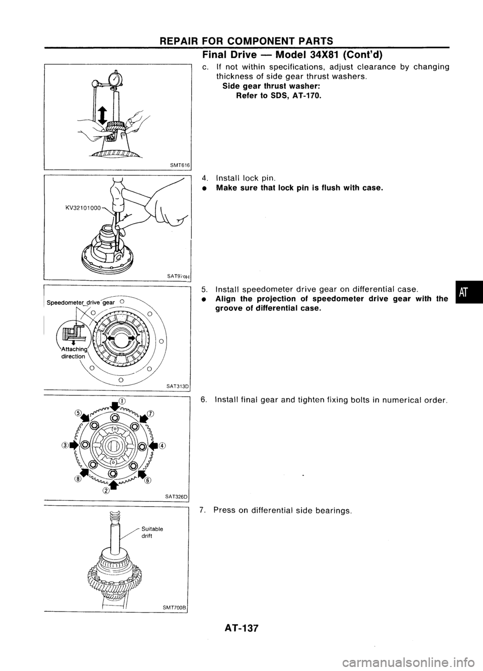 NISSAN ALMERA N15 1995  Service Manual REPAIRFORCOMPONENT PARTS
Final Drive -Model 34X81(Cont'd)

c. Ifnot within specifications, adjustclearance bychanging
thickness ofside gear thrust washers.

Side gear thrust washer:
Refer to50S, A