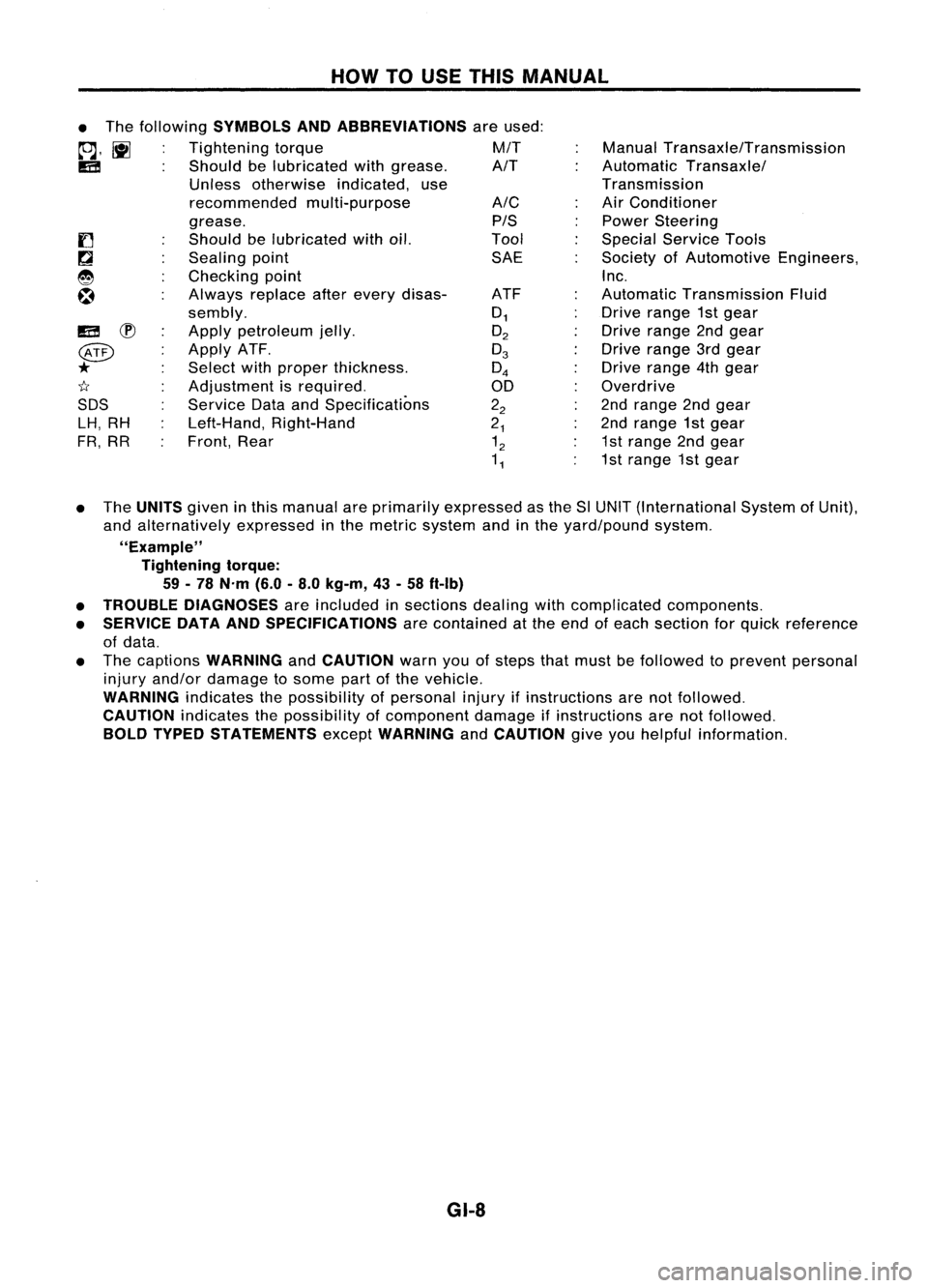 NISSAN ALMERA N15 1995  Service Manual HOWTOUSE THIS MANUAL

ManualTransaxle/Transmission
Automatic Transaxle/
Transmission
Air Conditioner
Power Steering
Special Service Tools
Society ofAutomotive Engineers,

Inc.

Automatic Transmission 