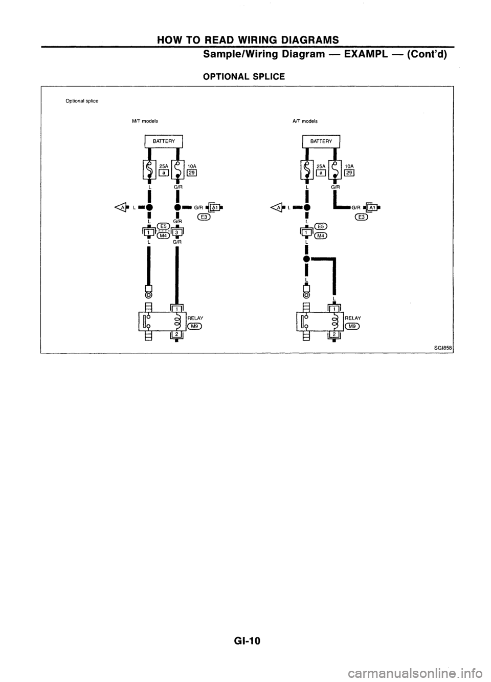 NISSAN ALMERA N15 1995  Service Manual Optionalsplice HOW
TOREAD WIRING DIAGRAMS
Sample/Wiring Diagram-EXAMPL -(Cont'd)
OPTIONAL SPLICE
MfT models
10A

(ffi

L G/R

I I

<& 
L_. 
._G/R~

I I~

L 
CID 
G/R

IrfJ~.~~.m 
...... @) 
'-