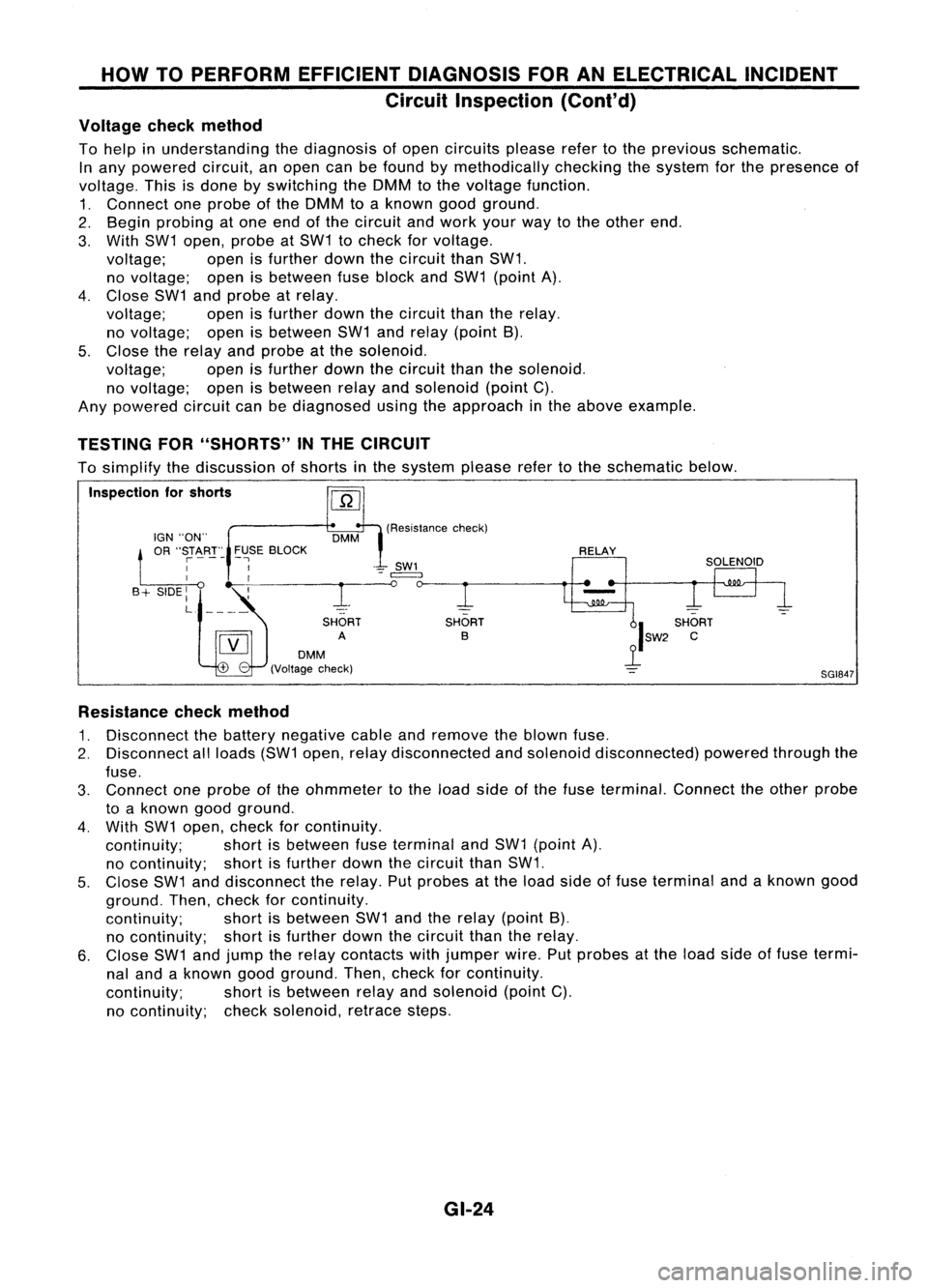 NISSAN ALMERA N15 1995 Service Manual HOWTOPERFORM EFFICIENT DIAGNOSIS FORANELECTRICAL INCIDENT
Circuit Inspection (Cont'd)
Voltage checkmethod
To help inunderstanding thediagnosis ofopen circuits pleaserefertothe previous schematic. NISSAN ALMERA N15 1995 Service Manual HOWTOPERFORM EFFICIENT DIAGNOSIS FORANELECTRICAL INCIDENT
Circuit Inspection (Cont'd)
Voltage checkmethod
To help inunderstanding thediagnosis ofopen circuits pleaserefertothe previous schematic.