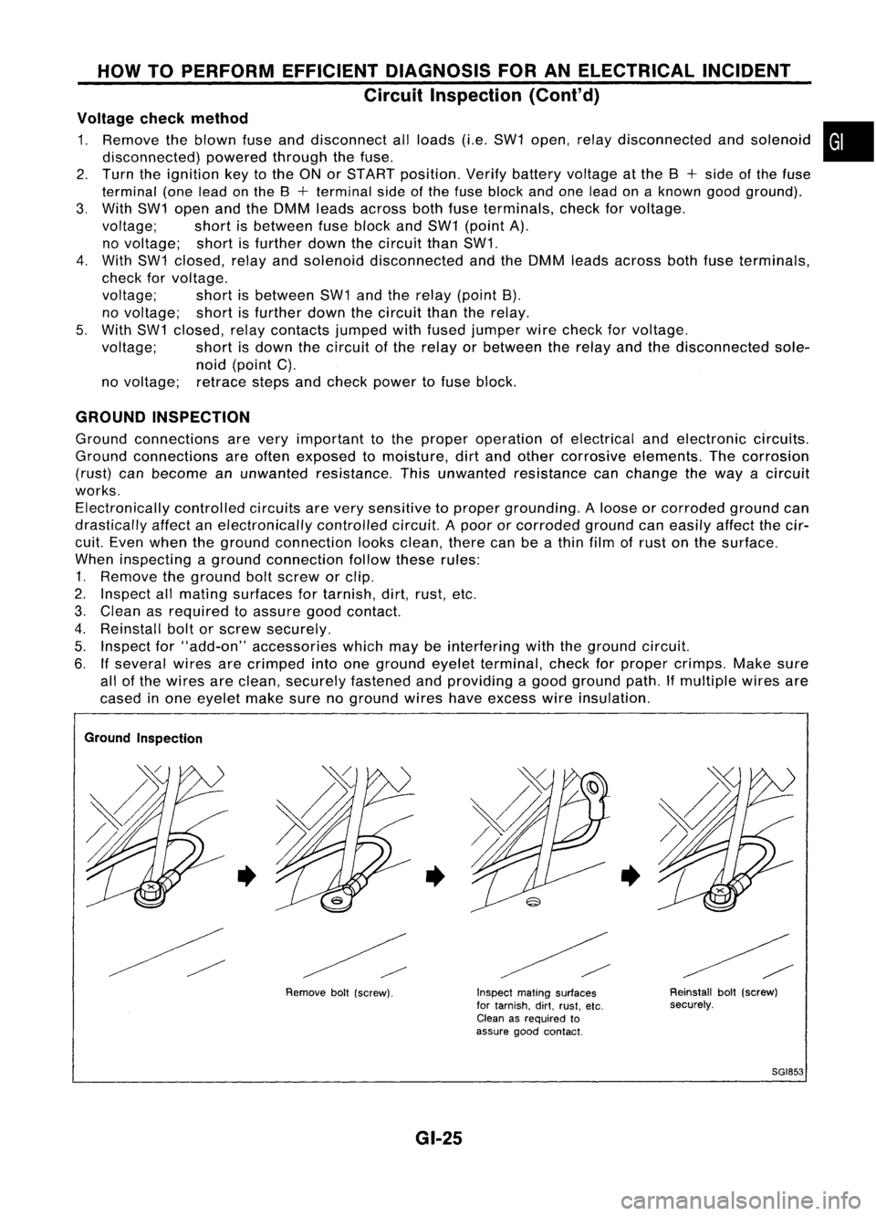 NISSAN ALMERA N15 1995 Service Manual HOWTOPERFORM EFFICIENT DIAGNOSIS FORANELECTRICAL INCIDENT
Circuit Inspection (Cont'd)
Voltage checkmethod
1. Remove theblown fuseanddisconnect allloads (i.e.SW1 open, relaydisconnected andsolenoi NISSAN ALMERA N15 1995 Service Manual HOWTOPERFORM EFFICIENT DIAGNOSIS FORANELECTRICAL INCIDENT
Circuit Inspection (Cont'd)
Voltage checkmethod
1. Remove theblown fuseanddisconnect allloads (i.e.SW1 open, relaydisconnected andsolenoi