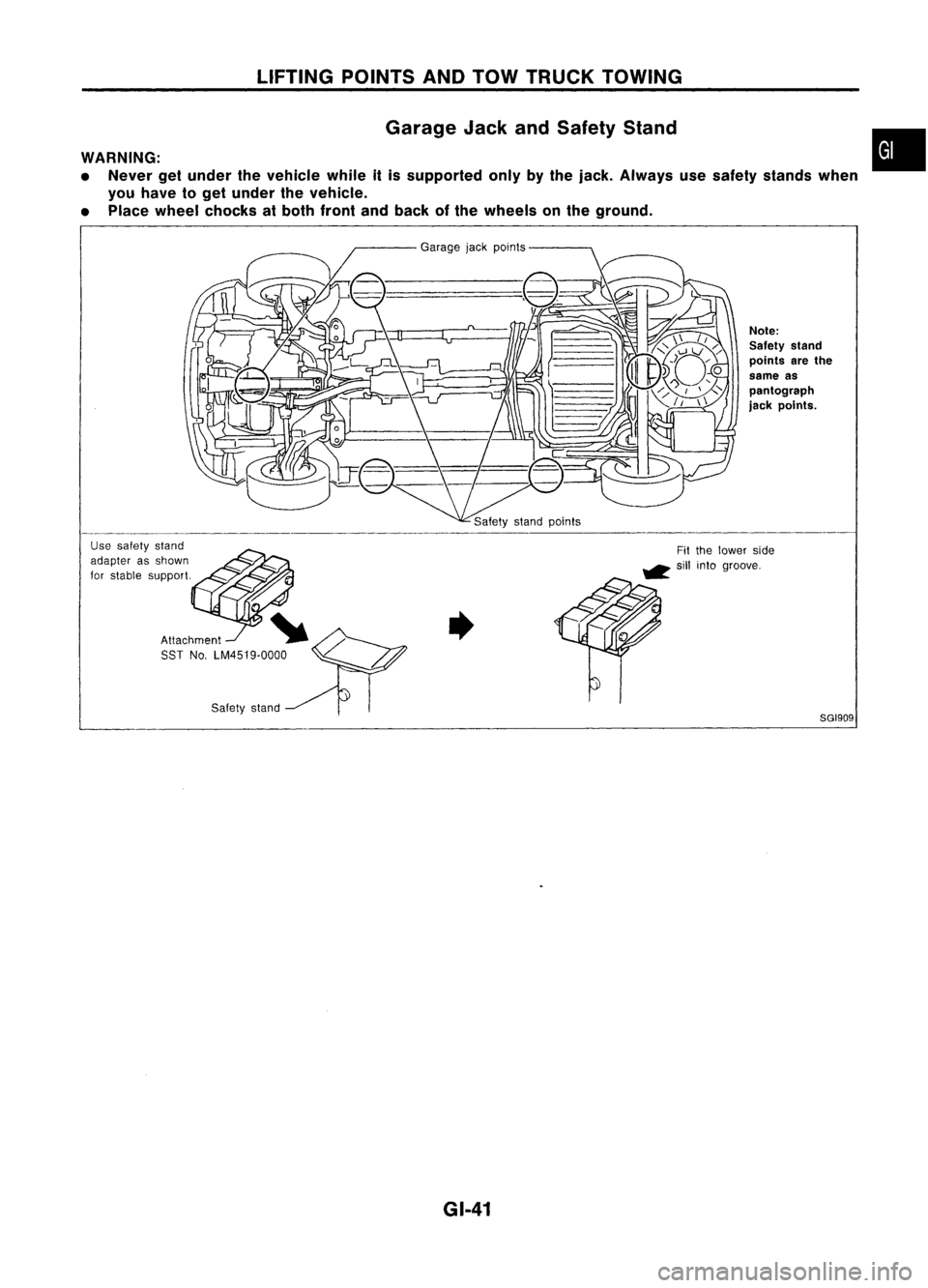 NISSAN ALMERA N15 1995  Service Manual LIFTINGPOINTSANDTOW TRUCK TOWING
Garage JackandSafety Stand
WARNING:
• Never getunder thevehicle whileitis supported onlybythe jack. Always usesafety stands when
you have toget under thevehicle.
•