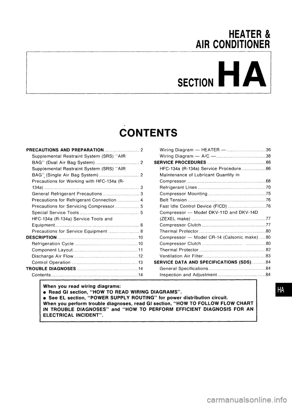 NISSAN ALMERA N15 1995 Service Manual
HEATER
&
AIR CONDITIONER
SECTION
HA
CONTENTS
When youread wiring diagrams:
• Read GIsection, "HOWTOREAD WIRING DIAGRAMS" .
• See ELsection, "POWER SUPPLYROUTING" forpower distri NISSAN ALMERA N15 1995 Service Manual
HEATER
&
AIR CONDITIONER
SECTION
HA
CONTENTS
When youread wiring diagrams:
• Read GIsection, "HOWTOREAD WIRING DIAGRAMS" .
• See ELsection, "POWER SUPPLYROUTING" forpower distri
