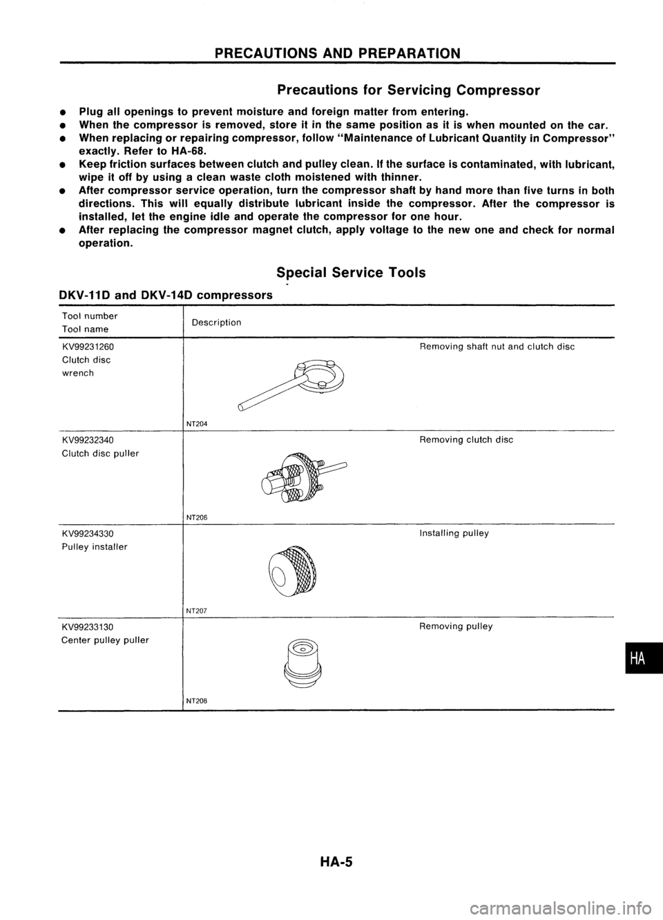 NISSAN ALMERA N15 1995 Service Manual PRECAUTIONSANDPREPARATION
Precautions forServicing Compressor
• Plug allopenings toprevent moisture andforeign matterfromentering.
• When thecompressor isremoved, storeitin the same position asit NISSAN ALMERA N15 1995 Service Manual PRECAUTIONSANDPREPARATION
Precautions forServicing Compressor
• Plug allopenings toprevent moisture andforeign matterfromentering.
• When thecompressor isremoved, storeitin the same position asit