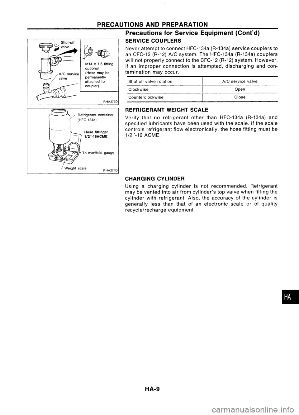 NISSAN ALMERA N15 1995  Service Manual Open

Close

AIC

service valve
Counterclockwise
Clockwise
Shut
offvalve rotation

Never
attempt toconnect HFC-134a (R-134a)servicecouplers to
an CFC-12 (R-12)
A/C
system. TheHFC-134a (R-134a)couplers
