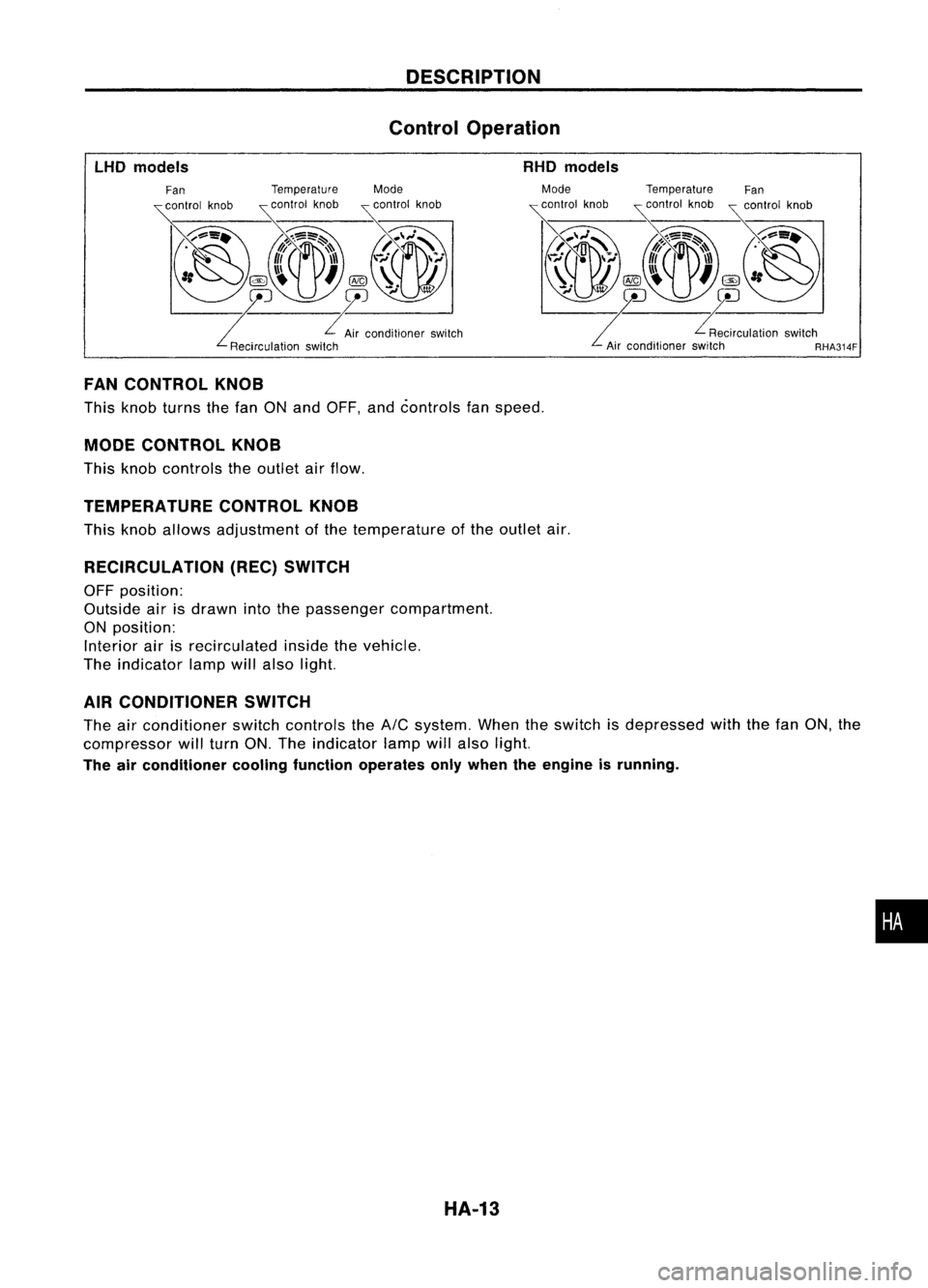 NISSAN ALMERA N15 1995  Service Manual DESCRIPTION
Control Operation
LHO models RHO
models
FAN CONTROL KNOB

This knob turns thefan ONand OFF, andcontrols fanspeed.

MODE CONTROL KNOB

This knob controls theoutlet airflow.

TEMPERATURE CON
