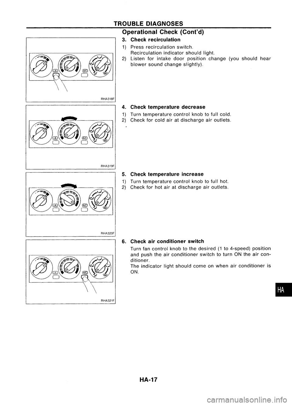 NISSAN ALMERA N15 1995  Service Manual RHA318F
4.Check temperature decrease

~~ ~~~nC~ef~~~~~~ur~ cont:olknobtofull cold.
air atdischarge airoutlets.

TROUBLE
DIAGNOSES
Operational Check(Cont'd)

3. Check recirculation

1) Pre~s recirc