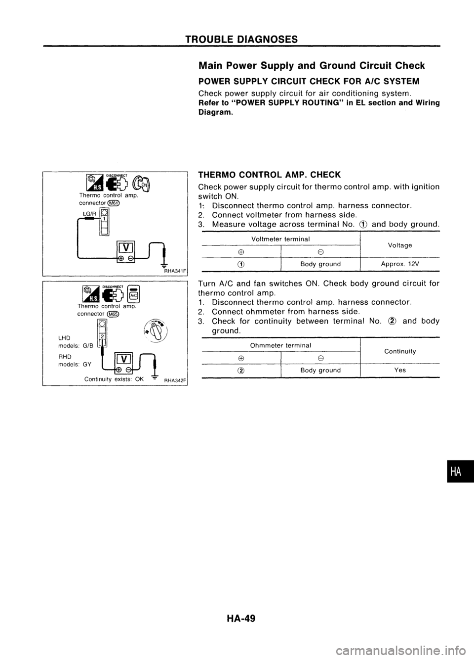 NISSAN ALMERA N15 1995 Service Manual TROUBLEDIAGNOSES
Main Power Supply andGround CircuitCheck
POWER SUPPLY CIRCUIT CHECKFORAICSYSTEM
Check powersupply circuitforairconditioning system.
Refer to"POWER SUPPLYROUTING" inEL sectio NISSAN ALMERA N15 1995 Service Manual TROUBLEDIAGNOSES
Main Power Supply andGround CircuitCheck
POWER SUPPLY CIRCUIT CHECKFORAICSYSTEM
Check powersupply circuitforairconditioning system.
Refer to"POWER SUPPLYROUTING" inEL sectio