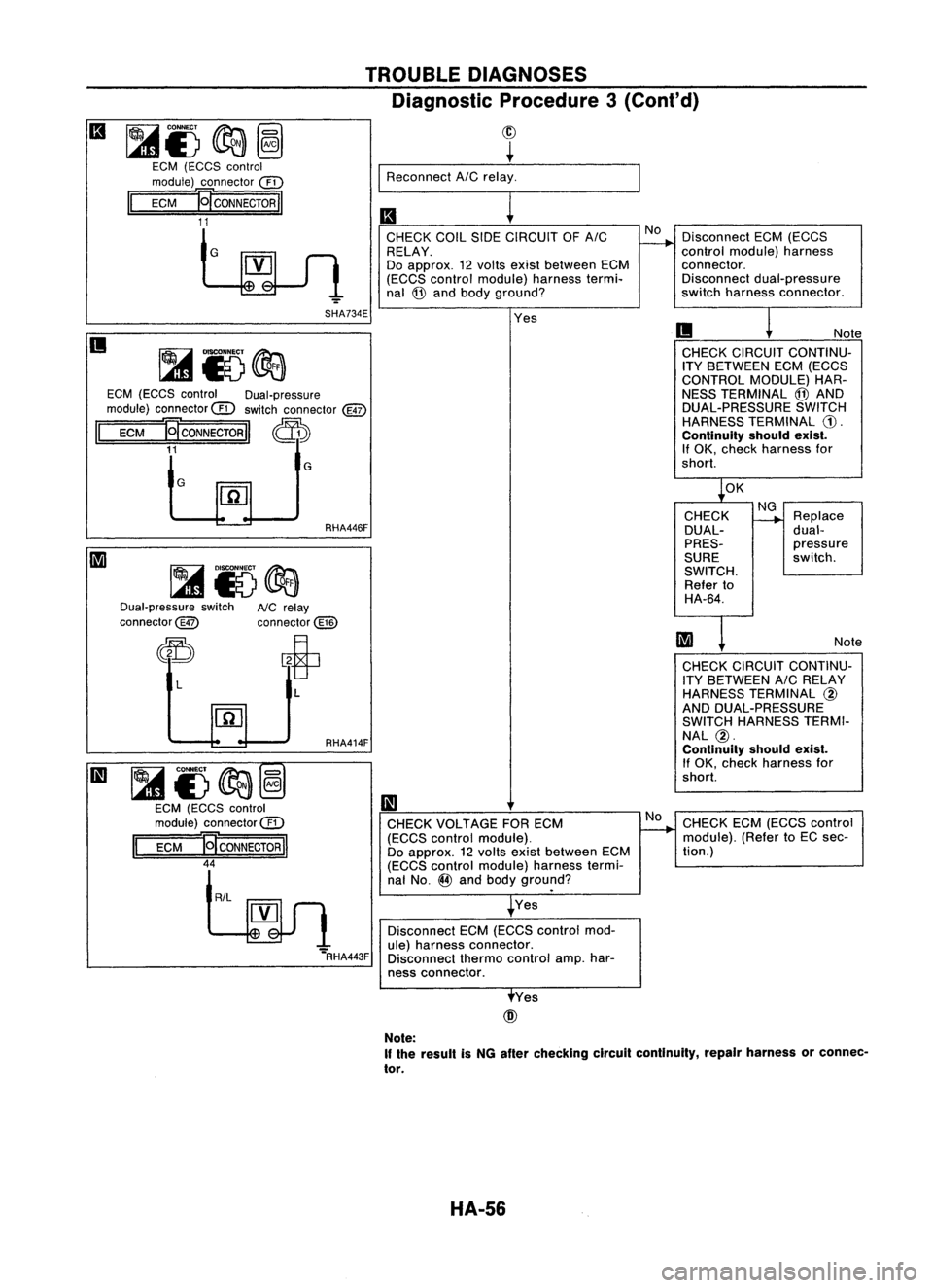 NISSAN ALMERA N15 1995 Service Manual
~CONNECT ~
(gl
l41E) ~
@
EGM (EGGS control
module) connector
@
II
EGM
J9"CONNECTORII
11 TROUBLE
DIAGNOSES
Diagnostic Procedure3
(Co nt'd)
~ ~
I
Reconnect AICrelay_. _..._
II
!
EG NISSAN ALMERA N15 1995 Service Manual
~CONNECT ~
(gl
l41E) ~
@
EGM (EGGS control
module) connector
@
II
EGM
J9"CONNECTORII
11 TROUBLE
DIAGNOSES
Diagnostic Procedure3
(Co nt'd)
~ ~
I
Reconnect AICrelay_. _..._
II
!
EG