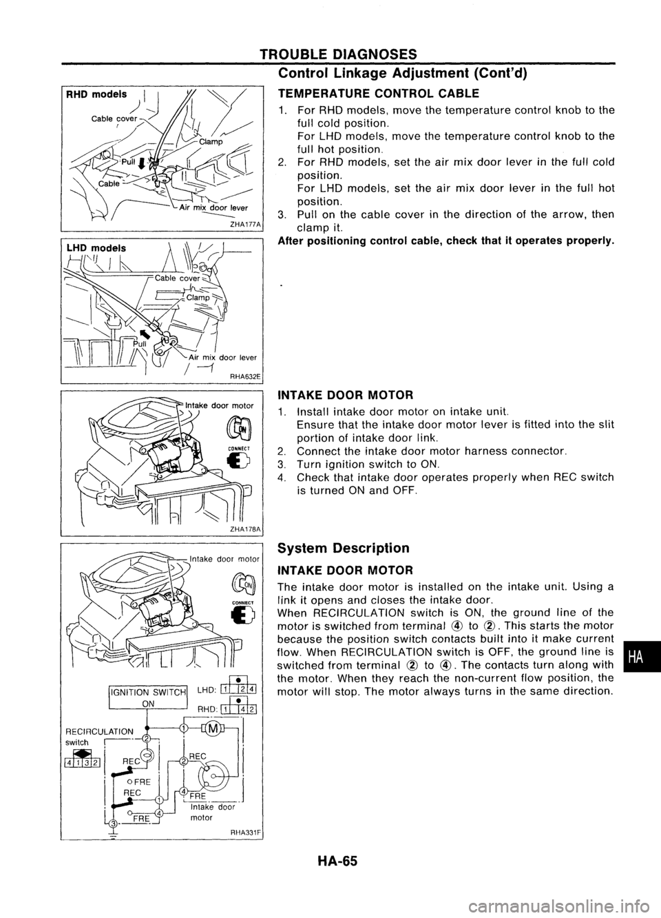 NISSAN ALMERA N15 1995 Service Manual TROUBLEDIAGNOSES
Control Linkage Adjustment (Cont'd)
TEMPERATURE CONTROLCABLE
1. For RHO models, movethetemperature controlknobtothe
full cold position.
For LHO models, movethetemperature control NISSAN ALMERA N15 1995 Service Manual TROUBLEDIAGNOSES
Control Linkage Adjustment (Cont'd)
TEMPERATURE CONTROLCABLE
1. For RHO models, movethetemperature controlknobtothe
full cold position.
For LHO models, movethetemperature control