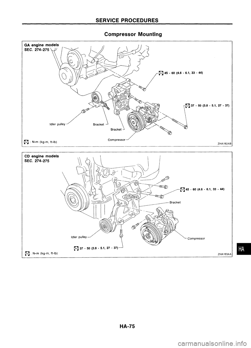 NISSAN ALMERA N15 1995  Service Manual GAengine models
SEC. 
274.275

~ :N.m (kg-m, ft-Ib)

CD engine models
SEC. 
274.275

~ :N.m (kg-m, ft-Ib) 
SERVICE
PROCEDURES
Compressor Mounting
HA-75 ZHA182AB
ZHA183AA • 