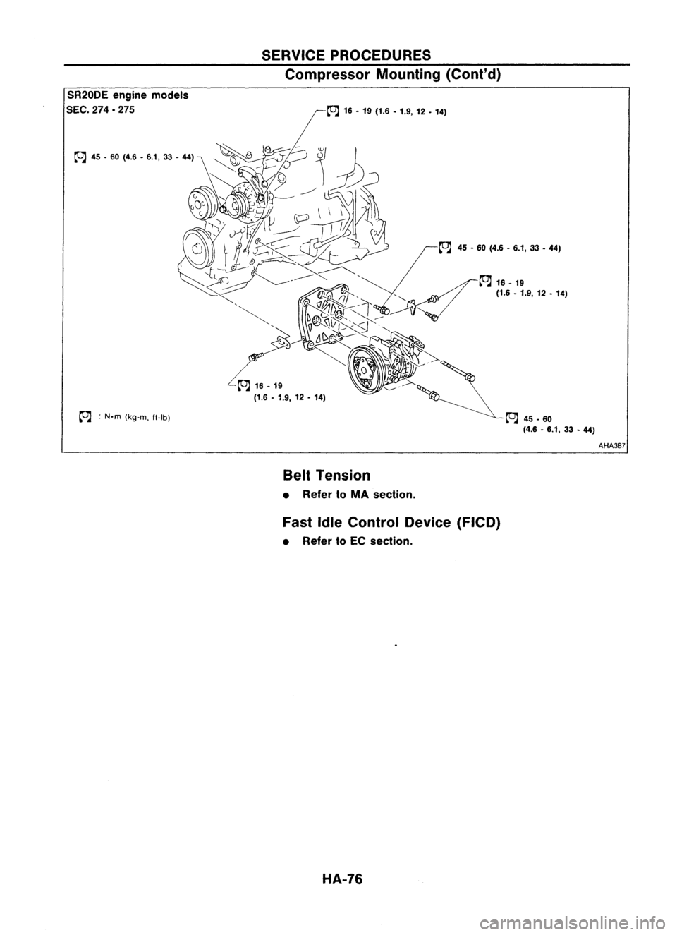 NISSAN ALMERA N15 1995  Service Manual 
SR20DEenginemodels

SEC. 
274.275

~ :N.m (kg-m, ft-Ib) 
SERVICE
PROCEDURES

Compressor Mounting(Cont'd)

~ 16•19 (1.6 •1.9, 12•14)
~ 45-60 (4.6 -6.1, 33•44)
~45.60 (4.6-6.1, 33•44)

Be