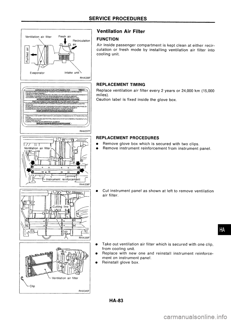 NISSAN ALMERA N15 1995  Service Manual Ventilationairfilter
Evaporator SERVICE
PROCEDURES
Ventilation AirFilter
FUNCTION

Air inside passenger compartment iskept clean ateither recir-
culation orfresh mode byinstalling ventilation airfilte