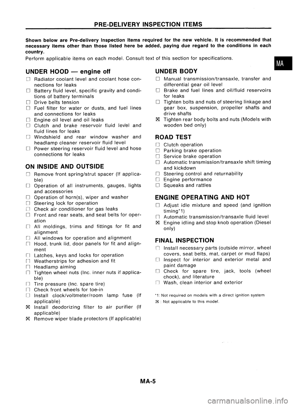 NISSAN ALMERA N15 1995 Service Manual PRE-DELIVERYINSPECTIONITEMS
Shown belowarePre-delivery InspectionItemsrequired forthe new vehicle. Itis recommended that
necessary itemsotherthanthose listedherebeadded, payingdueregard tothe conditio NISSAN ALMERA N15 1995 Service Manual PRE-DELIVERYINSPECTIONITEMS
Shown belowarePre-delivery InspectionItemsrequired forthe new vehicle. Itis recommended that
necessary itemsotherthanthose listedherebeadded, payingdueregard tothe conditio