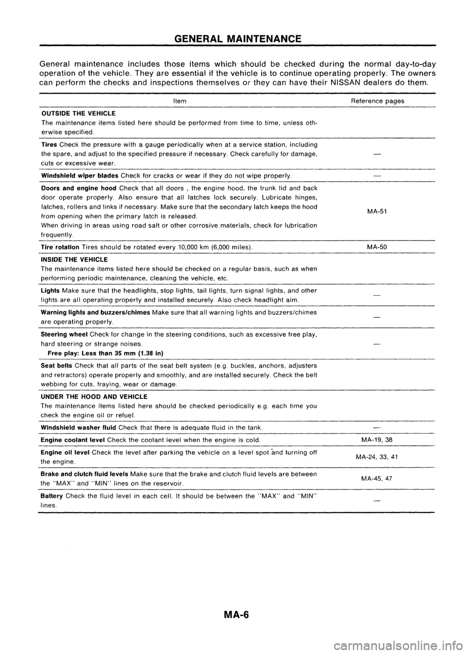 NISSAN ALMERA N15 1995 Service Manual GENERALMAINTENANCE
General maintenance includesthoseitemswhich should bechecked duringthenormal day-to-day
operation ofthe vehicle. Theyareessential ifthe vehicle isto continue operating properly.The NISSAN ALMERA N15 1995 Service Manual GENERALMAINTENANCE
General maintenance includesthoseitemswhich should bechecked duringthenormal day-to-day
operation ofthe vehicle. Theyareessential ifthe vehicle isto continue operating properly.The