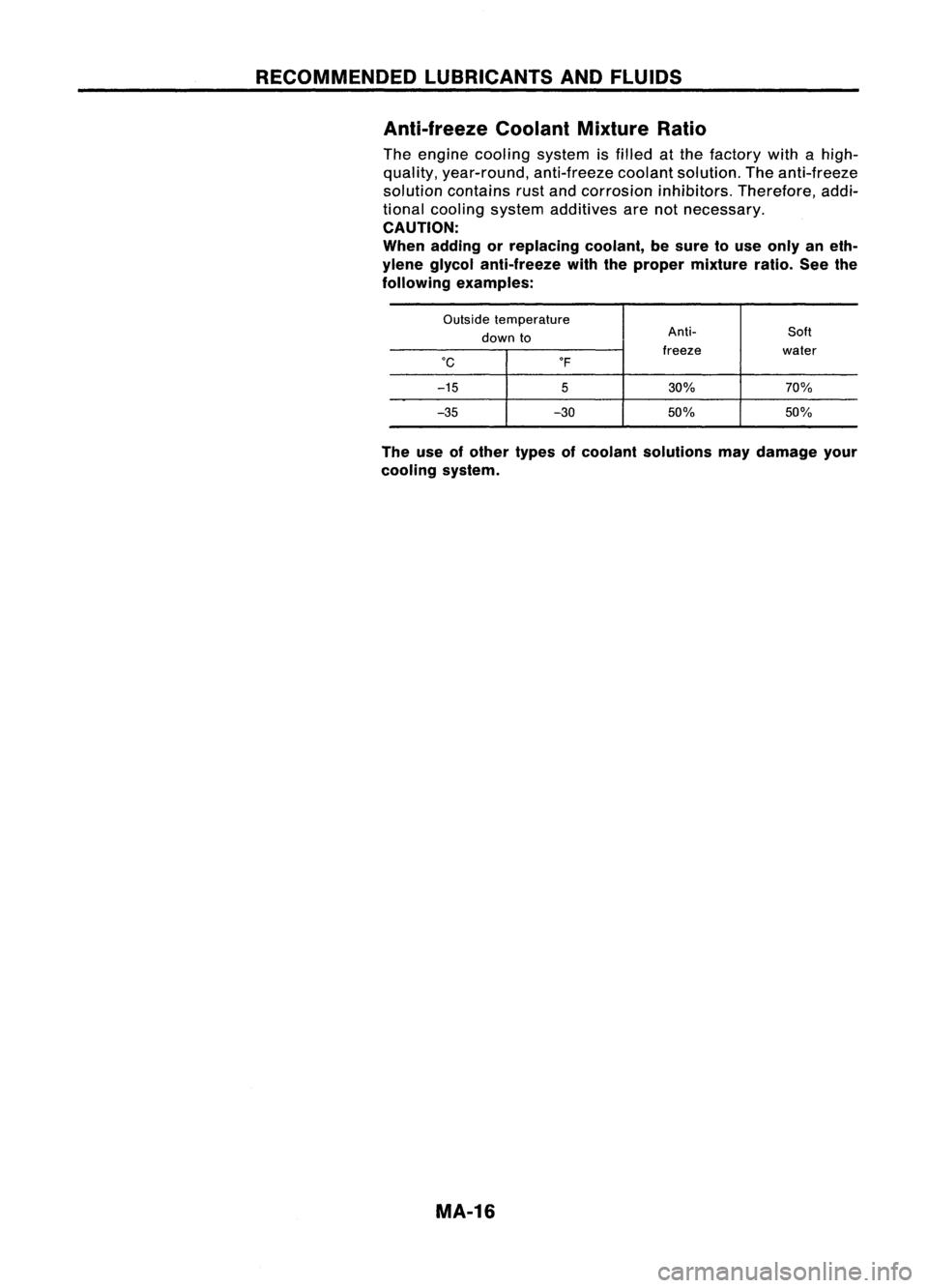 NISSAN ALMERA N15 1995 Service Manual RECOMMENDEDLUBRICANTSANDFLUIDS
Anti-freeze CoolantMixtureRatio
The engine cooling systemisfilled atthe factory withahigh-
quality, year-round, anti-freezecoolantsolution. Theanti-freeze
solution cont NISSAN ALMERA N15 1995 Service Manual RECOMMENDEDLUBRICANTSANDFLUIDS
Anti-freeze CoolantMixtureRatio
The engine cooling systemisfilled atthe factory withahigh-
quality, year-round, anti-freezecoolantsolution. Theanti-freeze
solution cont