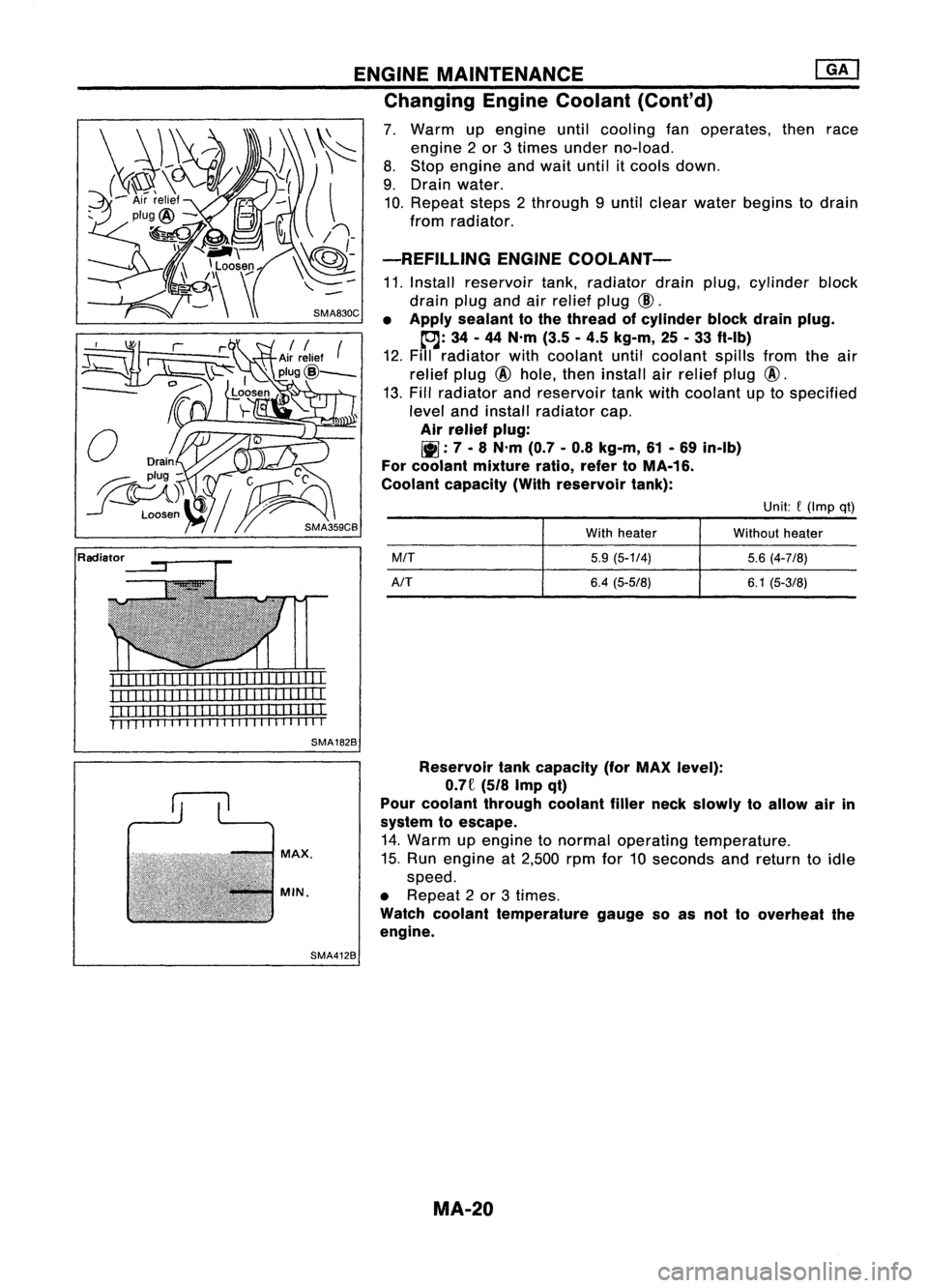 NISSAN ALMERA N15 1995  Service Manual 
MAX,

MIN. 
ENGINE
MAINTENANCE [QK]
Changing EngineCoolant (Cont'd)

7. Warm upengine untilcooling fanoperates, thenrace
engine 2or 3times under no-load.
8. Stop engine andwait until itcools down