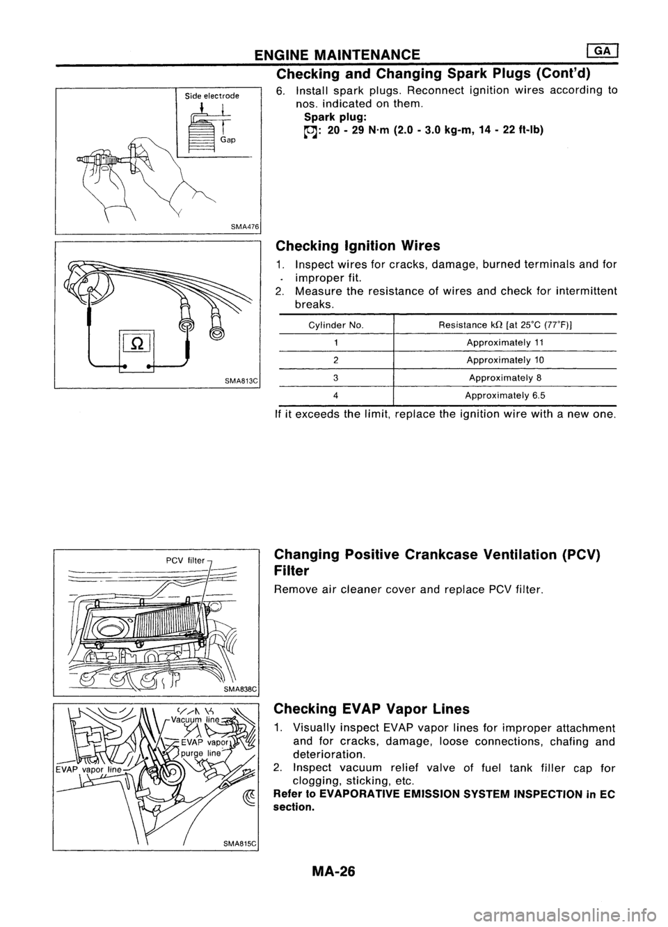 NISSAN ALMERA N15 1995 Service Manual SMA476
Side
electrode
It, ENGINE
MAINTENANCE ~
Checking andChanging SparkPlugs(Cont'd)
6. Install sparkplugs. Reconnect ignitionwiresaccording to
nos. indicated onthem.
Spark plug:
~: 20-29 N& NISSAN ALMERA N15 1995 Service Manual SMA476
Side
electrode
It, ENGINE
MAINTENANCE ~
Checking andChanging SparkPlugs(Cont'd)
6. Install sparkplugs. Reconnect ignitionwiresaccording to
nos. indicated onthem.
Spark plug:
~: 20-29 N&