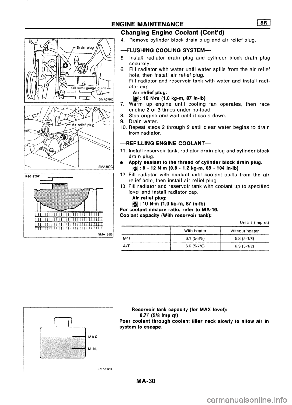NISSAN ALMERA N15 1995 Service Manual
Withheater
Withoutheater
M/T
6.1(5-3/8)
5.8(5-1/8)
AfT 6.6(5-7/8)
6.3(5-1/2)
Unit:
r
(Imp qt)
-FLUSHING
COOLINGSYSTEM-
5. Install radiator drainplugandcylinder blockdrainplug
securely.
6. Fill NISSAN ALMERA N15 1995 Service Manual
Withheater
Withoutheater
M/T
6.1(5-3/8)
5.8(5-1/8)
AfT 6.6(5-7/8)
6.3(5-1/2)
Unit:
r
(Imp qt)
-FLUSHING
COOLINGSYSTEM-
5. Install radiator drainplugandcylinder blockdrainplug
securely.
6. Fill