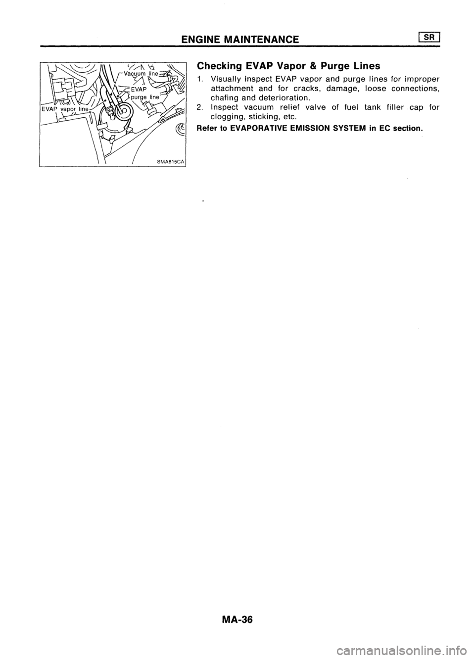 NISSAN ALMERA N15 1995  Service Manual ENGINEMAINTENANCE
Checking EVAPVapor 
&
Purge Lines

1. Visually inspectEVAP
vapor 
andpurge linesforimproper
attachment andforcracks, damage, looseconnections,
chafing anddeterioration.
2. Inspect va
