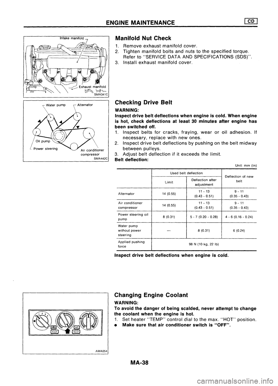 NISSAN ALMERA N15 1995  Service Manual ENGINEMAINTENANCE

Air conditioner
compressor 
SMA442C
AMA054 Manifold
NutCheck

1. Remove exhaustmanifold cover.
2. Tighten manifold boltsandnuts tothe specified torque.
Refer to"SERVICE DATAANDS