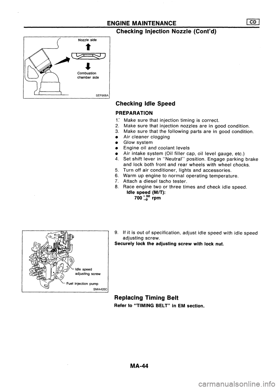 NISSAN ALMERA N15 1995  Service Manual ENGINEMAINTENANCE
Checking InjectionNozzle(Cont'd)
Nozzle side
Combustion
chamber side
SEF668A Checking IdleSpeed
PREPARATION 
1: Make surethatinjection timingiscorrect.
2. Make surethatinjection 