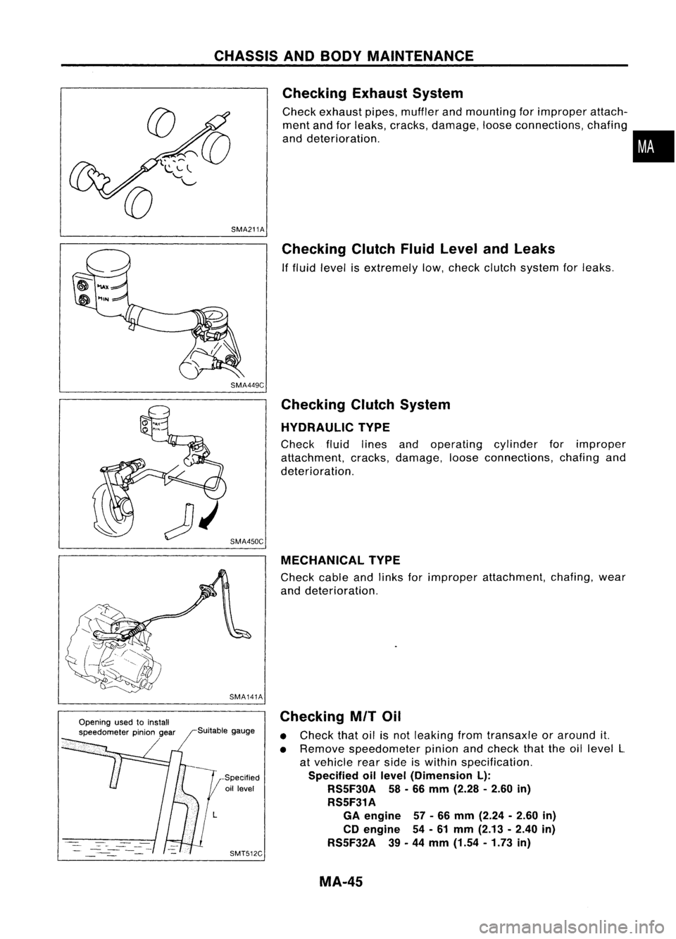 NISSAN ALMERA N15 1995 Service Manual CHASSISANDBODY MAINTENANCE
Checking ExhaustSystem
Check exhaust pipes,muffler andmounting forimproper attach-
ment andforleaks, cracks, damage, looseconnections, chafing
and deterioration. •
SMA21 NISSAN ALMERA N15 1995 Service Manual CHASSISANDBODY MAINTENANCE
Checking ExhaustSystem
Check exhaust pipes,muffler andmounting forimproper attach-
ment andforleaks, cracks, damage, looseconnections, chafing
and deterioration. •
SMA21