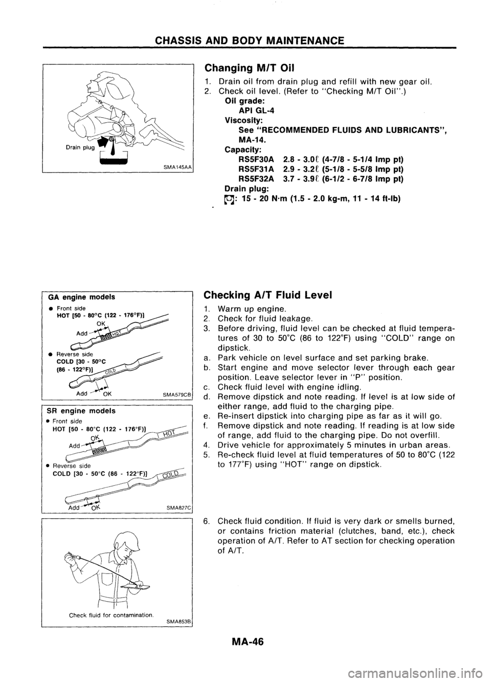 NISSAN ALMERA N15 1995 Service Manual CHASSISANDBODY MAINTENANCE
Changing
MIT
Oil
1. Drain oilfrom drain plugandrefill withnewgear oil.
2. Check oillevel. (Refer to"Checking
M/T
Oil".)
Oil grade:
API GL-4
Viscosity: See " NISSAN ALMERA N15 1995 Service Manual CHASSISANDBODY MAINTENANCE
Changing
MIT
Oil
1. Drain oilfrom drain plugandrefill withnewgear oil.
2. Check oillevel. (Refer to"Checking
M/T
Oil".)
Oil grade:
API GL-4
Viscosity: See "