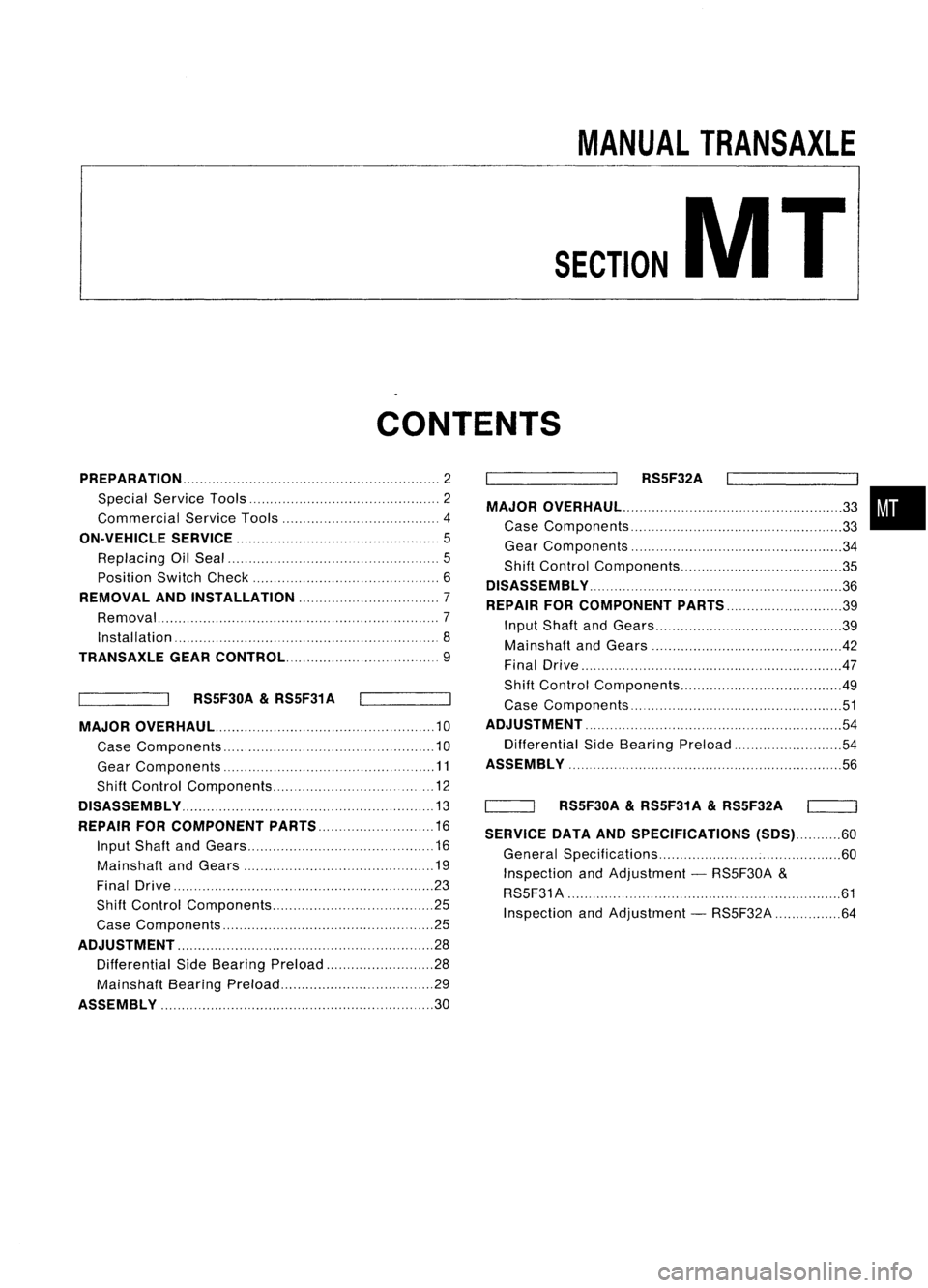 NISSAN ALMERA N15 1995 Service Manual
MANUALTRANSAXLE
SECTION
MT
CONTENTS
PREPARATION 2
Special Service Tools 2
Commercial ServiceTools 4
ON-VEHICLE SERVICE
5
Replacing OilSeal 5
Position SwitchCheck 6
REMOVAL ANDINSTAllATION 7
Remova NISSAN ALMERA N15 1995 Service Manual
MANUALTRANSAXLE
SECTION
MT
CONTENTS
PREPARATION 2
Special Service Tools 2
Commercial ServiceTools 4
ON-VEHICLE SERVICE
5
Replacing OilSeal 5
Position SwitchCheck 6
REMOVAL ANDINSTAllATION 7
Remova