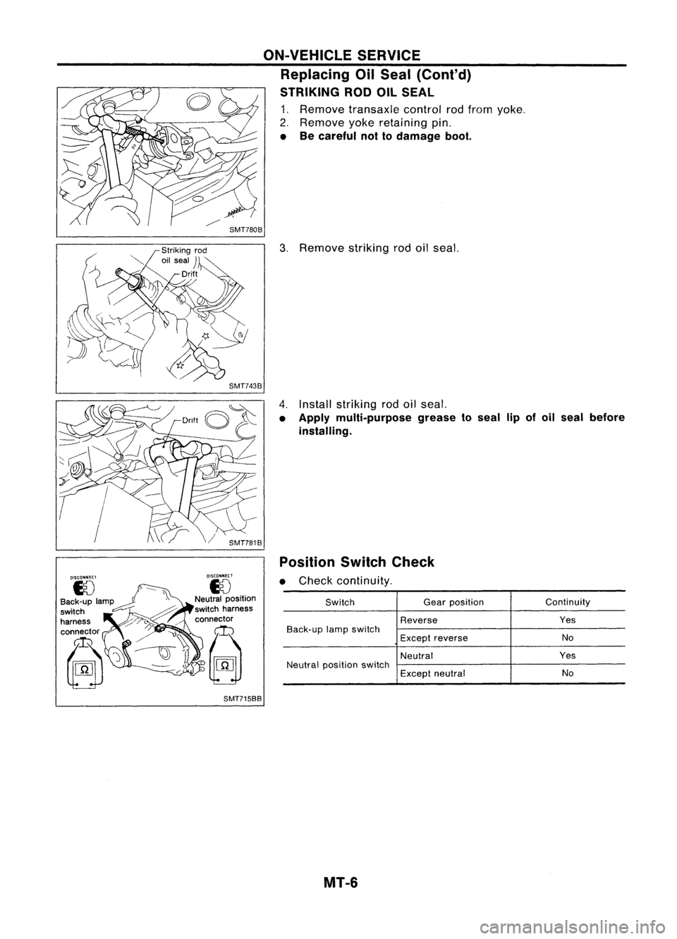NISSAN ALMERA N15 1995 Service Manual SwitchGearposition Continuity
Reverse Yes
Back-up lampswitch
No
Except reverse
Neutral Yes
Neutral position switch
Exceptneutral No
3.
Remove strikingrodoilseal.
Position SwitchCheck
• Check cont NISSAN ALMERA N15 1995 Service Manual SwitchGearposition Continuity
Reverse Yes
Back-up lampswitch
No
Except reverse
Neutral Yes
Neutral position switch
Exceptneutral No
3.
Remove strikingrodoilseal.
Position SwitchCheck
• Check cont