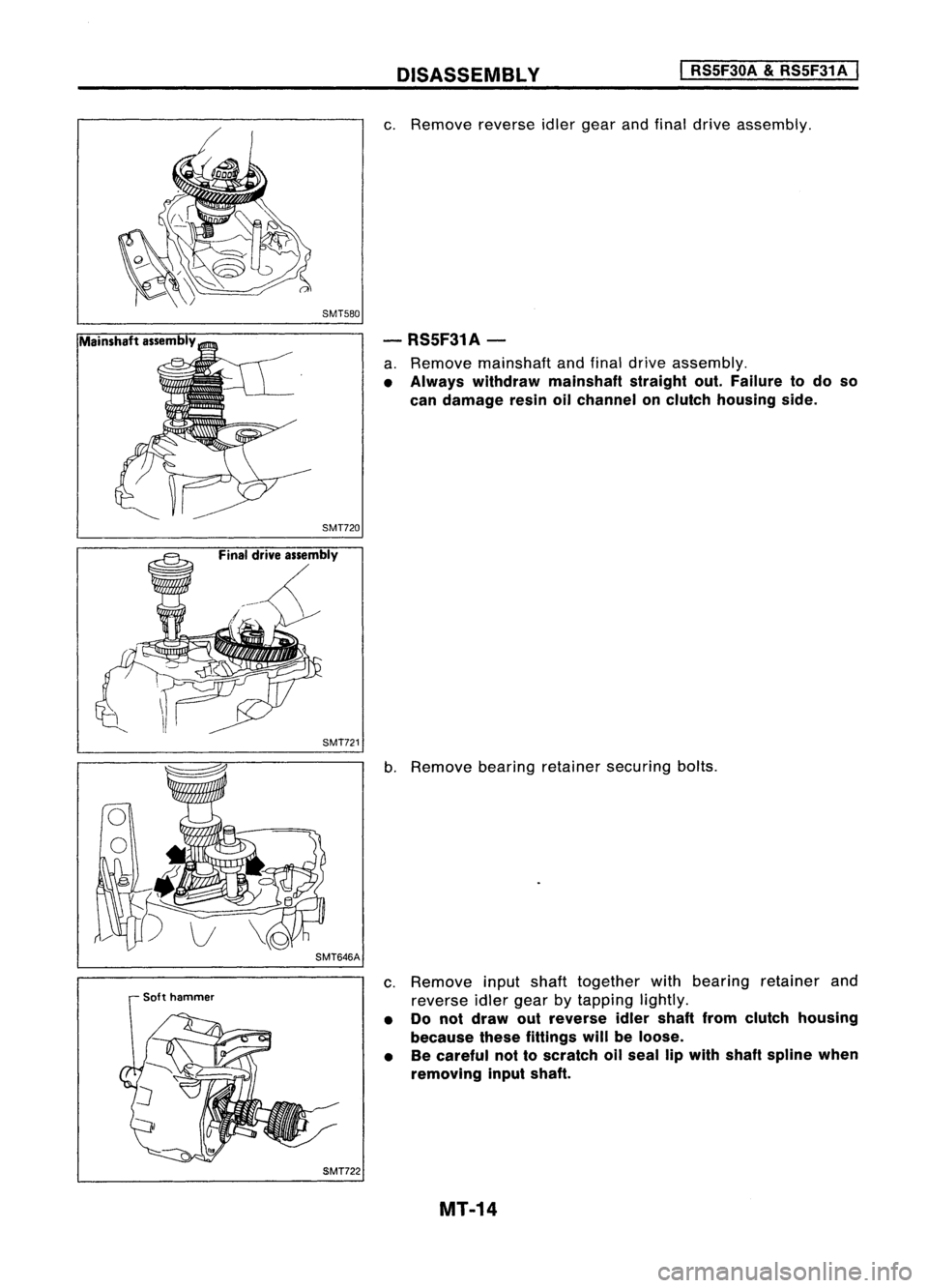 NISSAN ALMERA N15 1995 Service Manual DISASSEMBLY
I
RS5F30A
&
RS5F31 A
I
SMT580
SMT720
c.
Remove reverseidlergear andfinal drive assembly.
- RS5F31A-
a. Remove mainshaft andfinal drive assembly.
• Always withdraw mainshaft strai NISSAN ALMERA N15 1995 Service Manual DISASSEMBLY
I
RS5F30A
&
RS5F31 A
I
SMT580
SMT720
c.
Remove reverseidlergear andfinal drive assembly.
- RS5F31A-
a. Remove mainshaft andfinal drive assembly.
• Always withdraw mainshaft strai