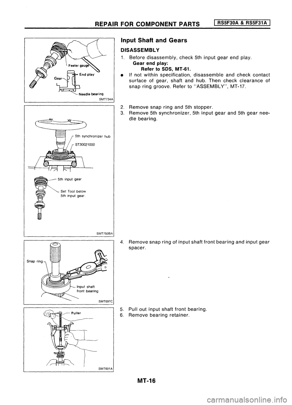 NISSAN ALMERA N15 1995 Service Manual REPAIRFORCOMPONENT PARTS
I
RS5F30A
&
RS5F31 A
I
~EndPlaY
Gear
Needlebearing
SMT734A
5th synchronizer hub
Input
Shaft andGears
DISASSEMBLY
1. Before disassembly, check5thinput gearendplay.
Gear NISSAN ALMERA N15 1995 Service Manual REPAIRFORCOMPONENT PARTS
I
RS5F30A
&
RS5F31 A
I
~EndPlaY
Gear
Needlebearing
SMT734A
5th synchronizer hub
Input
Shaft andGears
DISASSEMBLY
1. Before disassembly, check5thinput gearendplay.
Gear