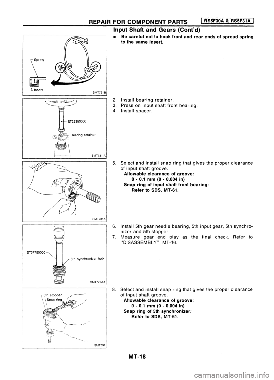 NISSAN ALMERA N15 1995 Service Manual SMT7618
5T37750000
REPAIR
FORCOMPONENT PARTS
I
RS5F30A
&
RS5F31A
I
Input Shaft andGears (Cont'd)
• Becareful nottohook frontandrear ends ofspread spring
to the same insert.
2. Install bear NISSAN ALMERA N15 1995 Service Manual SMT7618
5T37750000
REPAIR
FORCOMPONENT PARTS
I
RS5F30A
&
RS5F31A
I
Input Shaft andGears (Cont'd)
• Becareful nottohook frontandrear ends ofspread spring
to the same insert.
2. Install bear