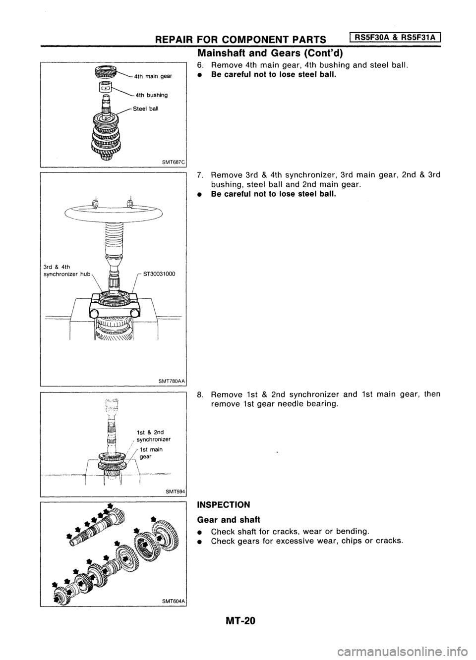 NISSAN ALMERA N15 1995 Service Manual SMT687C
Steel
ball
7.Remove 3rd
&
4th synchronizer, 3rdmain gear, 2nd
&
3rd
bushing, steelballand2nd main gear.
• Becareful nottolose steel ball.
REPAIR
FORCOMPONENT PARTS
I
RS5F30A
&
RS5F31A
I
NISSAN ALMERA N15 1995 Service Manual SMT687C
Steel
ball
7.Remove 3rd
&
4th synchronizer, 3rdmain gear, 2nd
&
3rd
bushing, steelballand2nd main gear.
• Becareful nottolose steel ball.
REPAIR
FORCOMPONENT PARTS
I
RS5F30A
&
RS5F31A
I