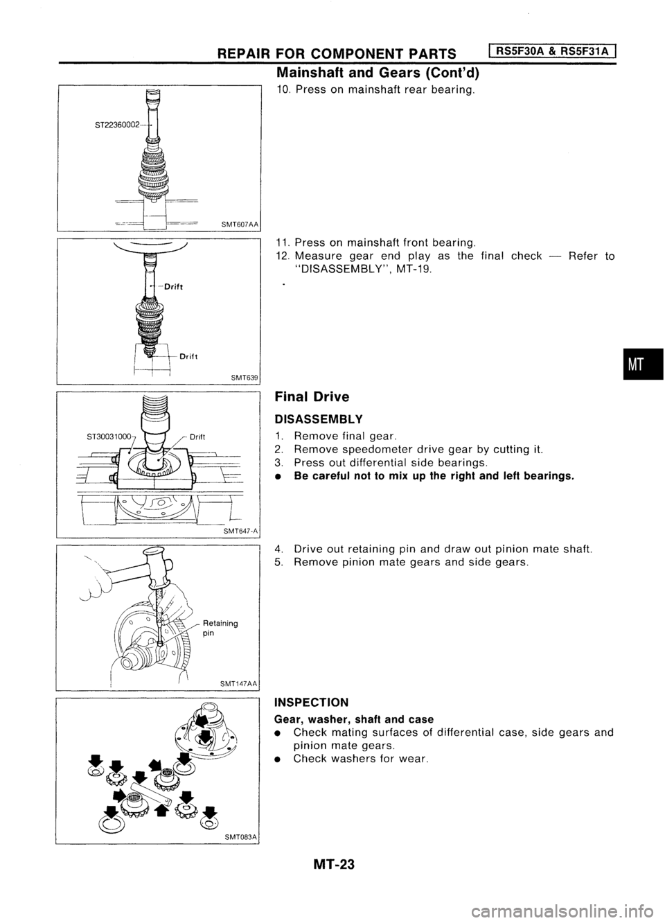 NISSAN ALMERA N15 1995 Service Manual
ST22360002
REPAIR
FORCOMPONENT PARTS
I
RSSF30A
&
RSSF31A
I
Mainshaft andGears (Cont'd)
10. Press onmainshaft rearbearing.
SMT607AA
11.Press onmainshaft frontbearing.
12. Measure gearendpla NISSAN ALMERA N15 1995 Service Manual
ST22360002
REPAIR
FORCOMPONENT PARTS
I
RSSF30A
&
RSSF31A
I
Mainshaft andGears (Cont'd)
10. Press onmainshaft rearbearing.
SMT607AA
11.Press onmainshaft frontbearing.
12. Measure gearendpla