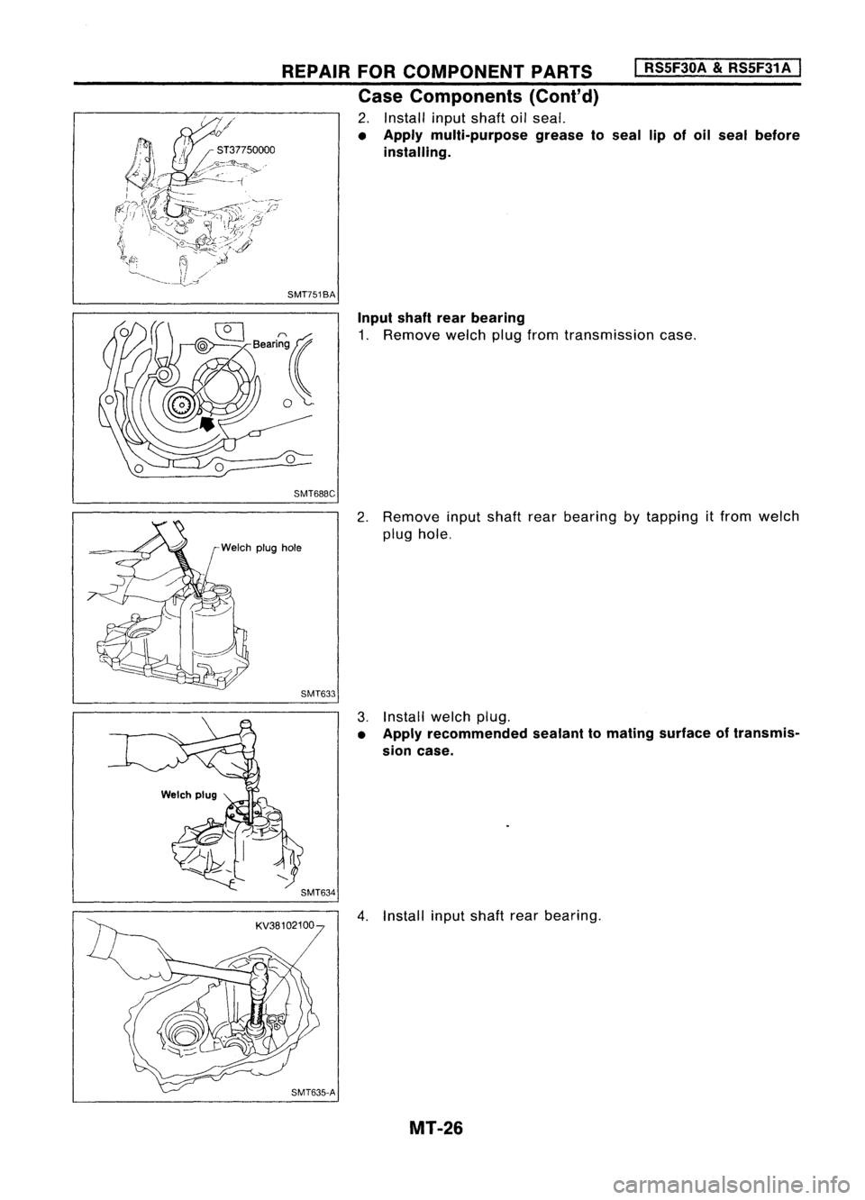 NISSAN ALMERA N15 1995 Service Manual REPAIRFORCOMPONENT PARTS
Case Components (Cont'd)
2. Install inputshaft oilseal.
• Apply multi-purpose greaseto
installing.
SMT751BA
I
RSSF30A
&
RSSF31A
I
seal lipofoil seal before
Input NISSAN ALMERA N15 1995 Service Manual REPAIRFORCOMPONENT PARTS
Case Components (Cont'd)
2. Install inputshaft oilseal.
• Apply multi-purpose greaseto
installing.
SMT751BA
I
RSSF30A
&
RSSF31A
I
seal lipofoil seal before
Input